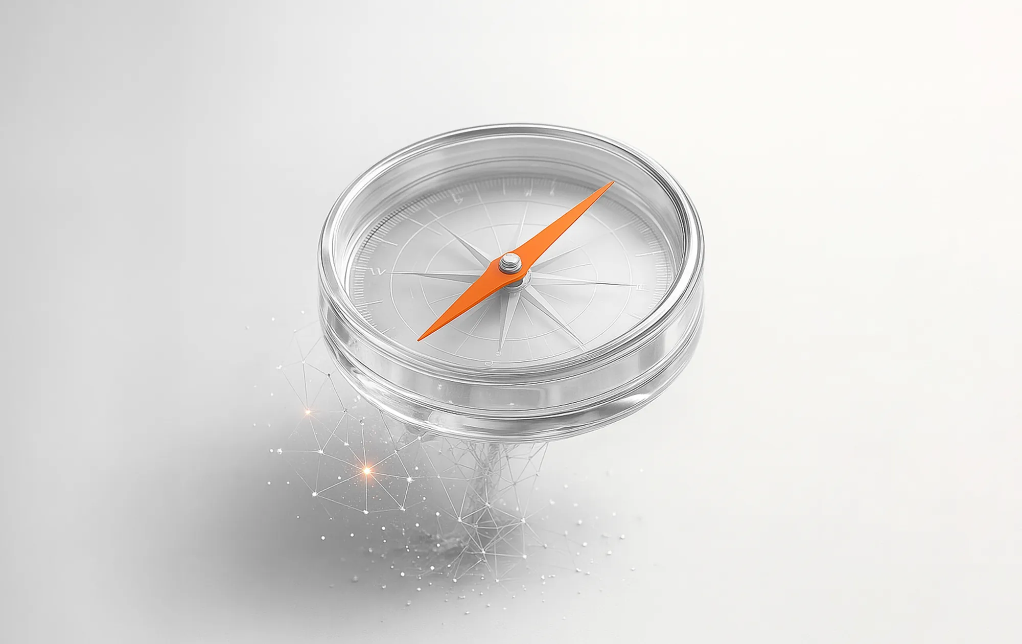 A transparent compass with an orange needle, illustrating data accuracy improvements in Google Analytics.