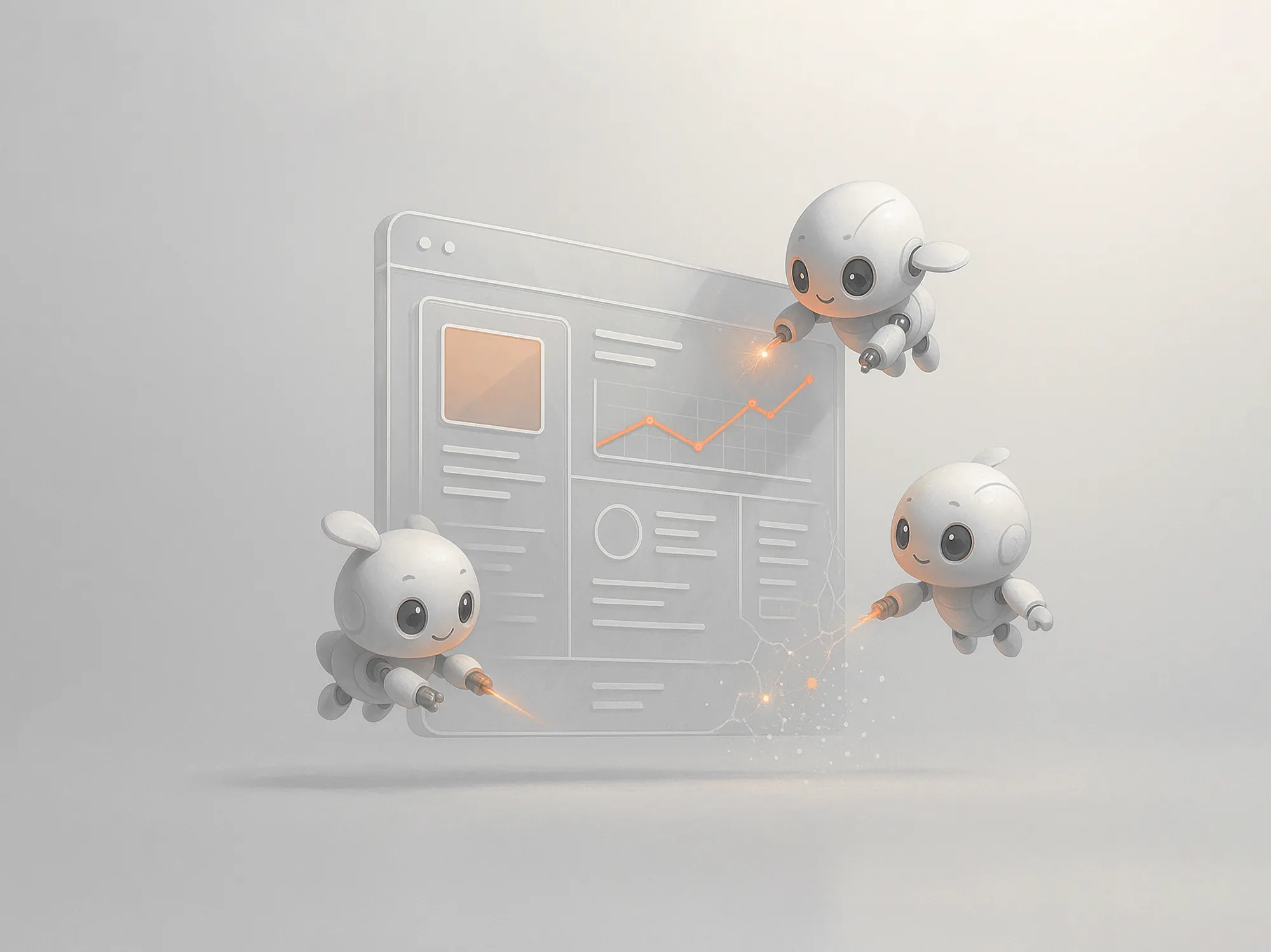 Three small, white robots interact with a digital graph interface, illustrating digital marketing analytics solutions.