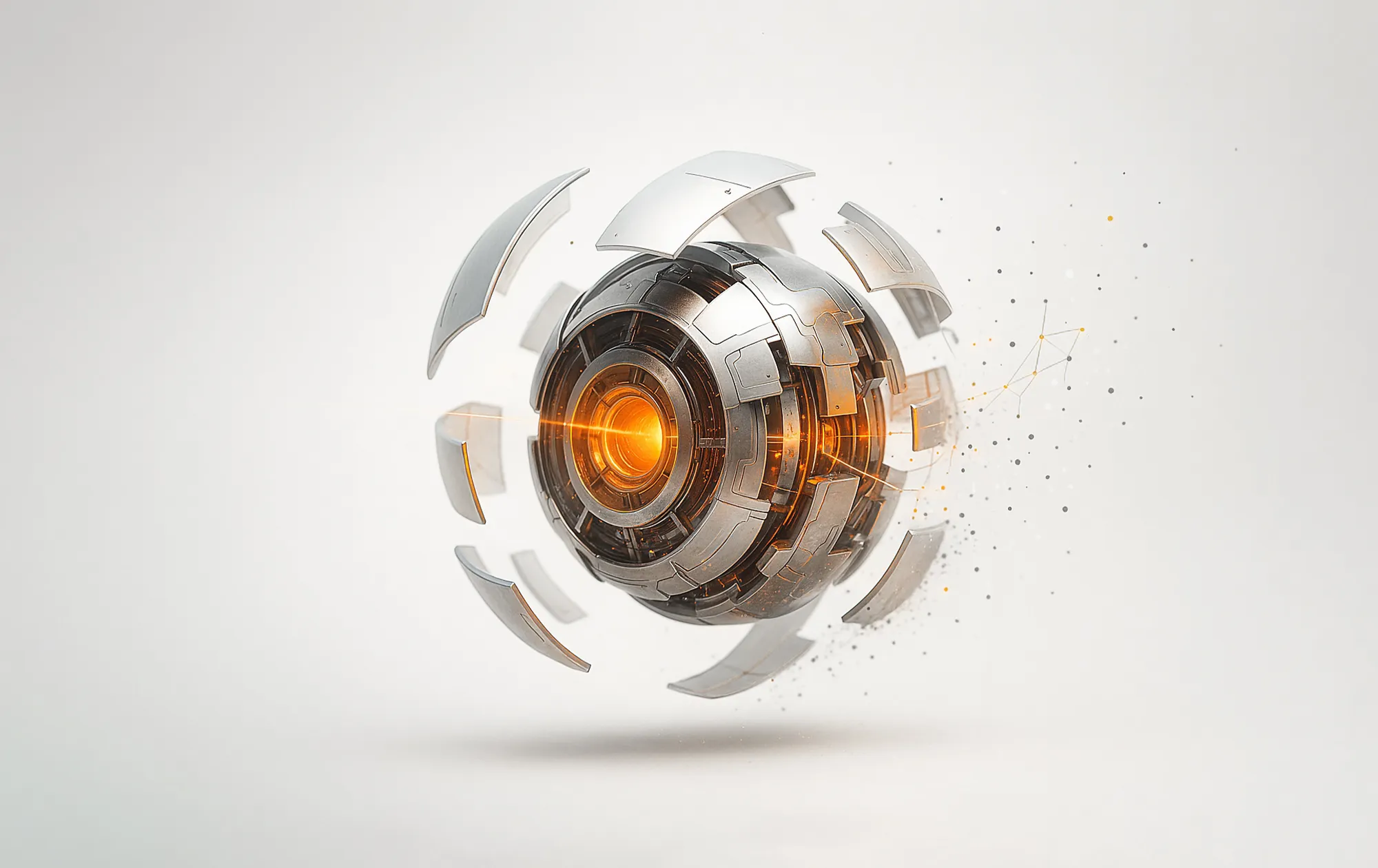 A metallic eye with segmented panels and a glowing orange core evokes the precision of a detailed local SEO audit.