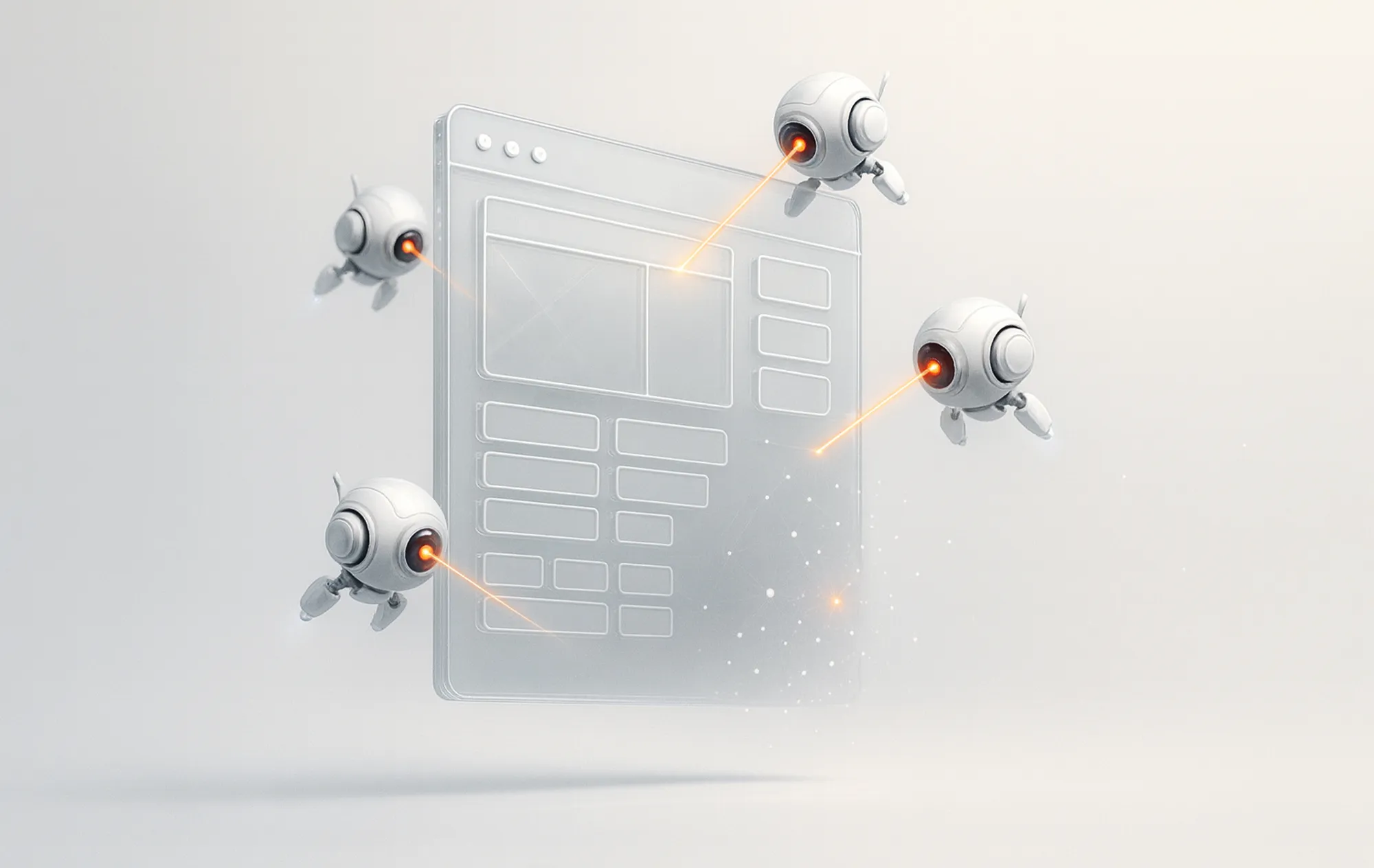 Four small robots shoot orange lasers at a webpage, illustrating an audit process for better SEO consulting services.