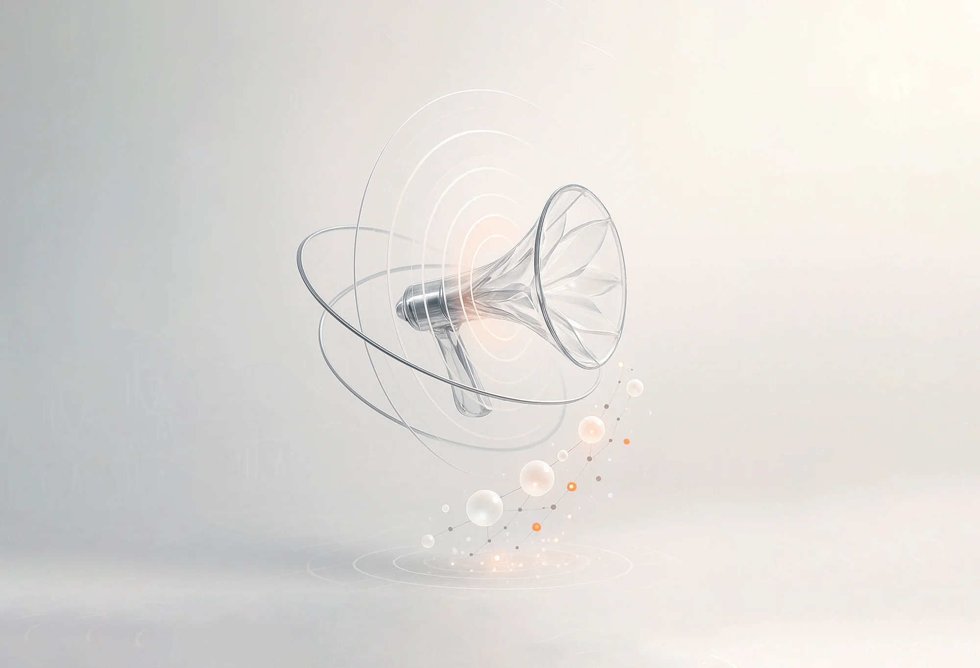 Transparent megaphone with circular lines and floating spheres on a light background illustrates increased brand visibility.