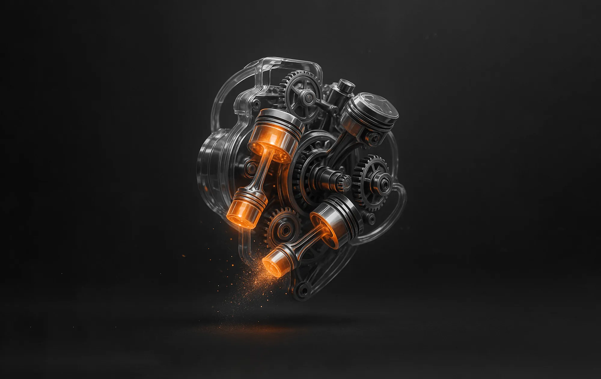 Floating metallic gears and pistons with orange sparks, representing precision in advertising campaign management.