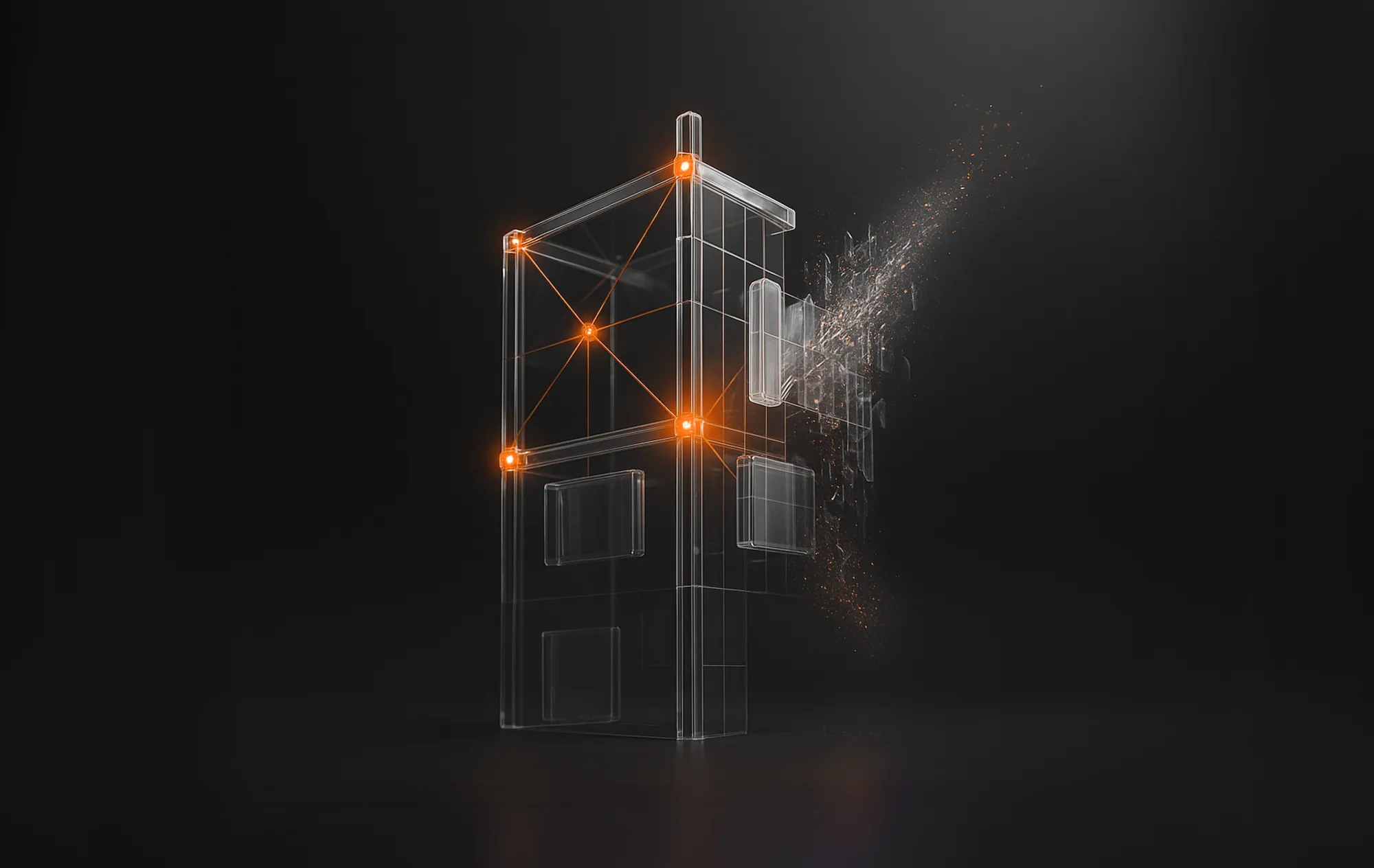 A digital wireframe structure with glowing orange nodes, representing Instagram advertising analytics setup.