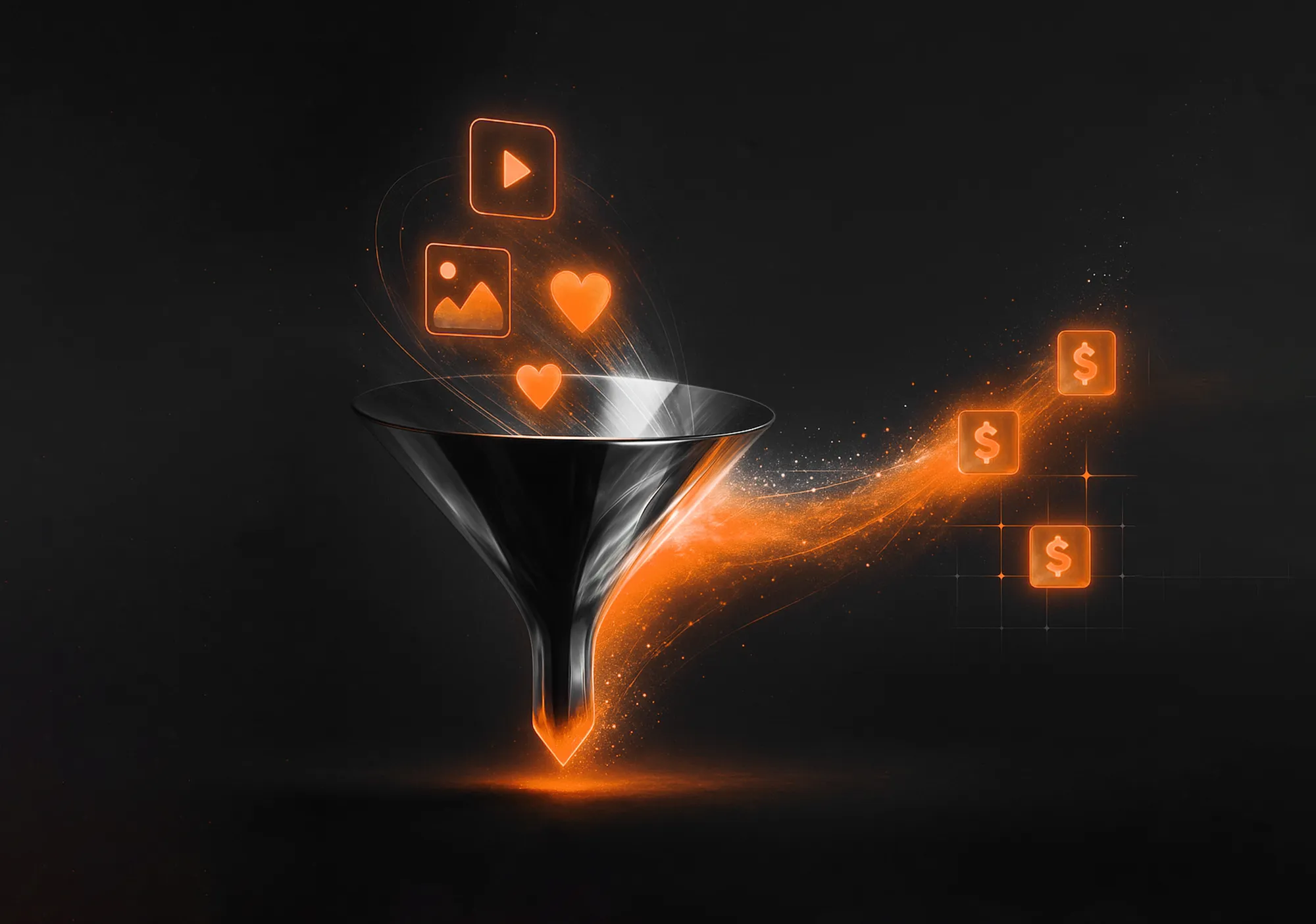 Glowing social and media icons flow through a digital funnel into money signs, symbolizing Instagram advertising services.