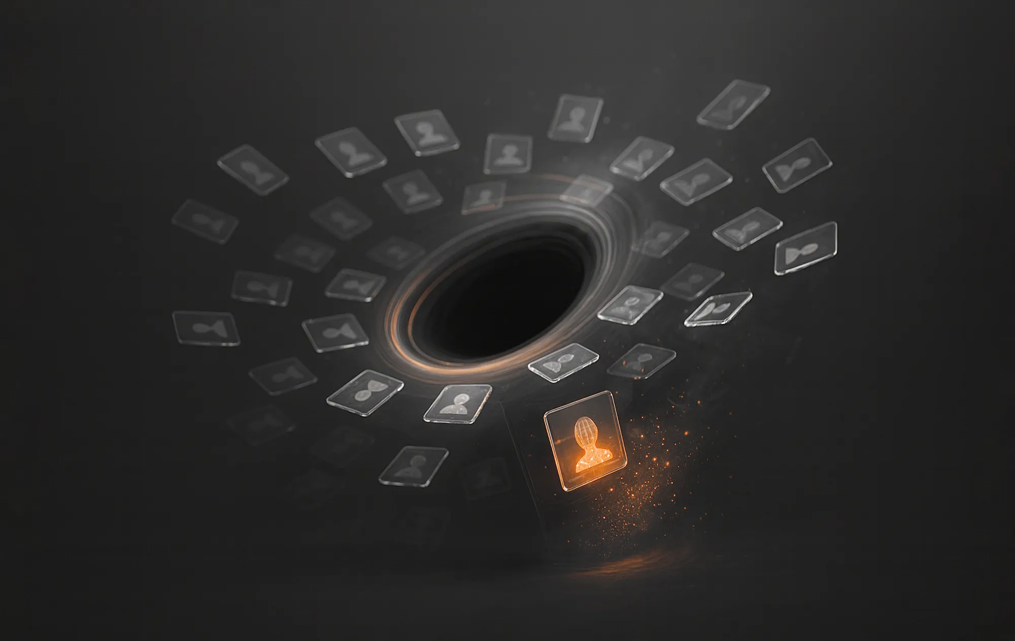 User icons swirl around a dark vortex, with one glowing orange, representing Instagram audience insights.
