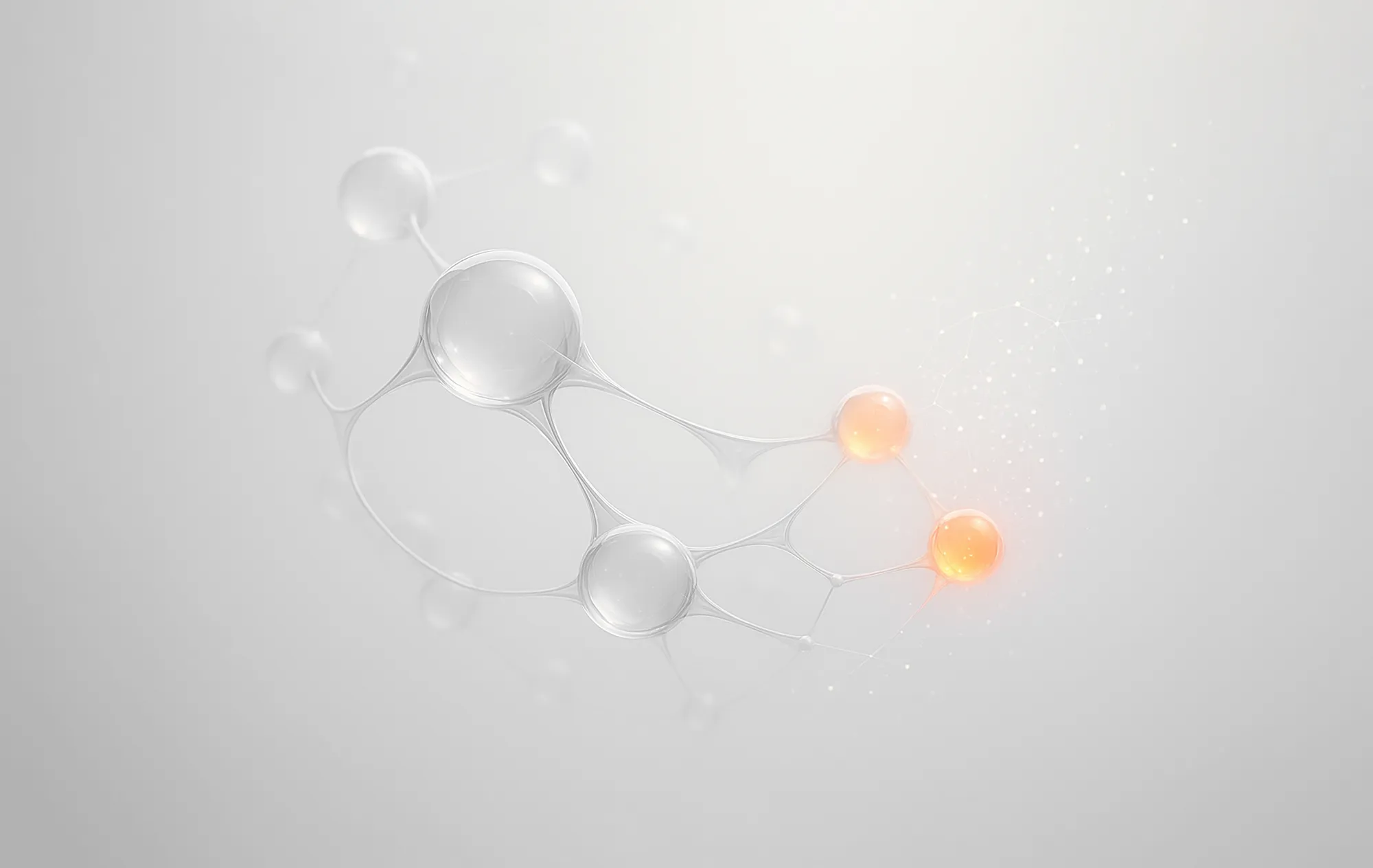 Illustration of translucent connected spheres, two in orange, representing internal linking in seo for better site structure.