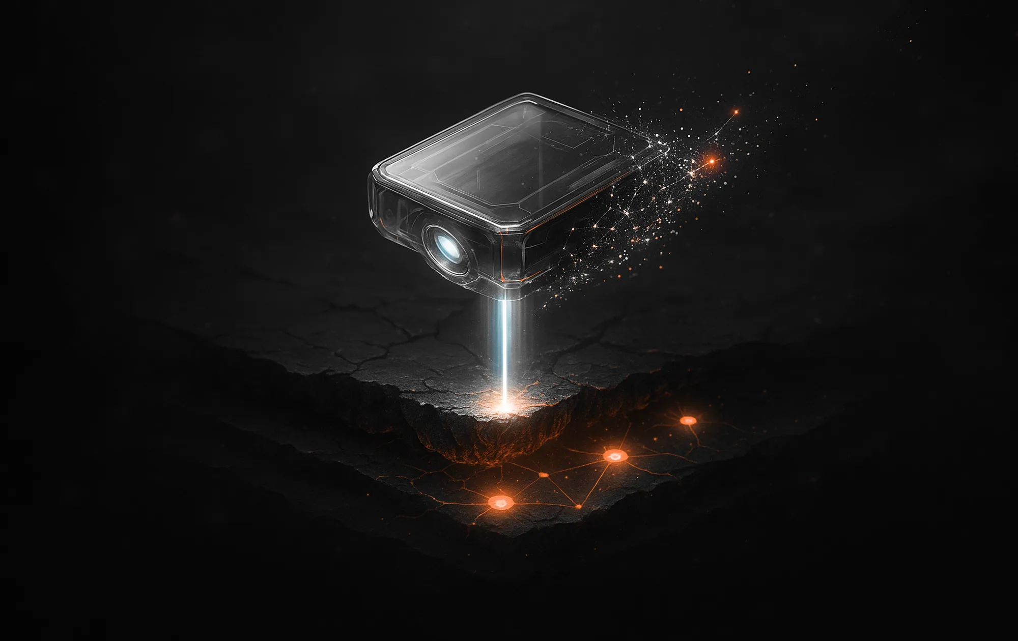 A projector device directs a beam onto a cracked dark surface with orange points, evoking a precise SEO keywords audit.