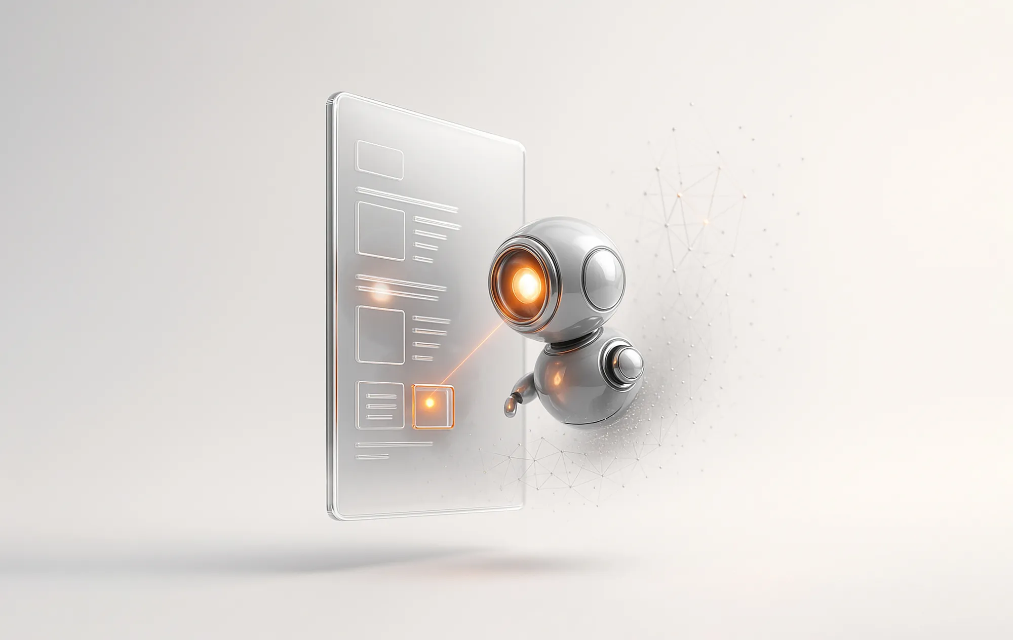 A small flying robot uses an orange-lit digital interface, representing landing page creation and optimization.