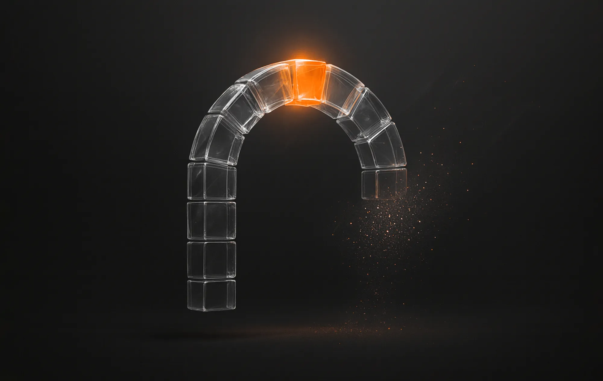 Curved arch of transparent cubes with glowing orange top, representing standout strategy in LinkedIn advertising setup.