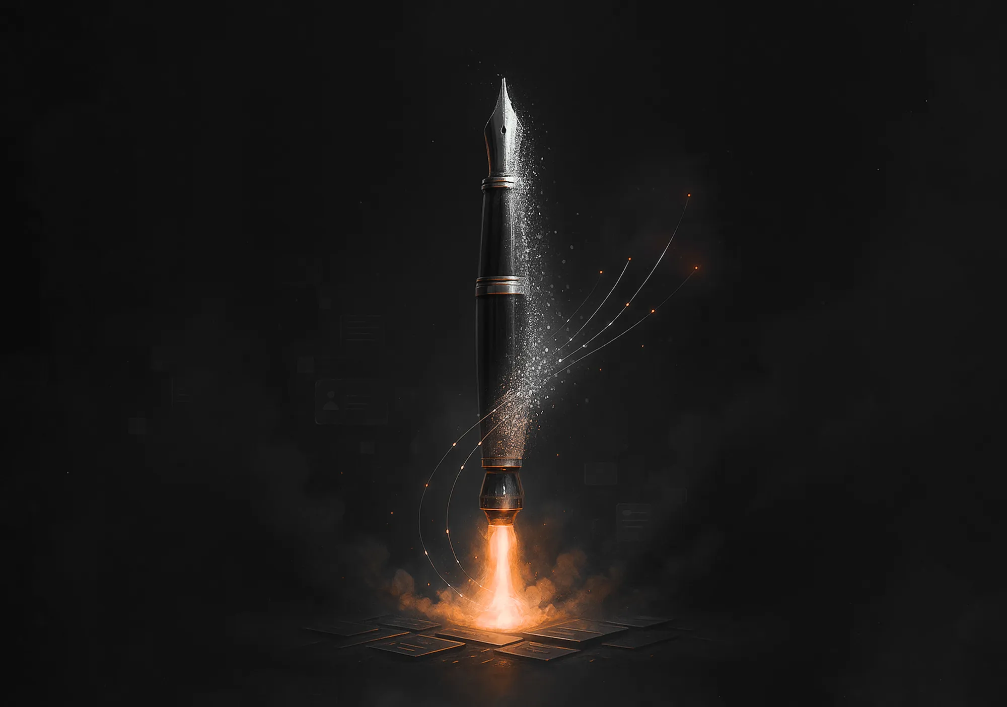 A sleek fountain pen launches like a rocket with sparks, illustrating the power of our LinkedIn advertising services.