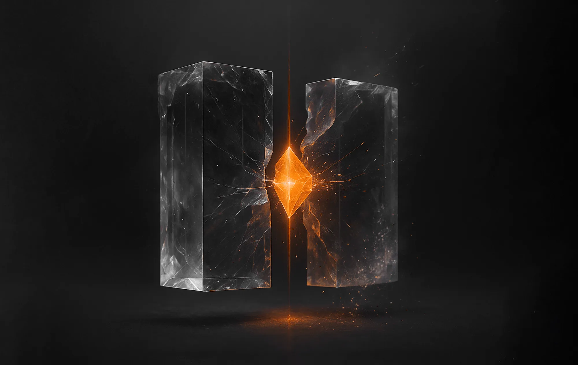 Glowing orange crystal between two glass blocks, symbolizing LinkedIn advertising A/B Testing strategy.