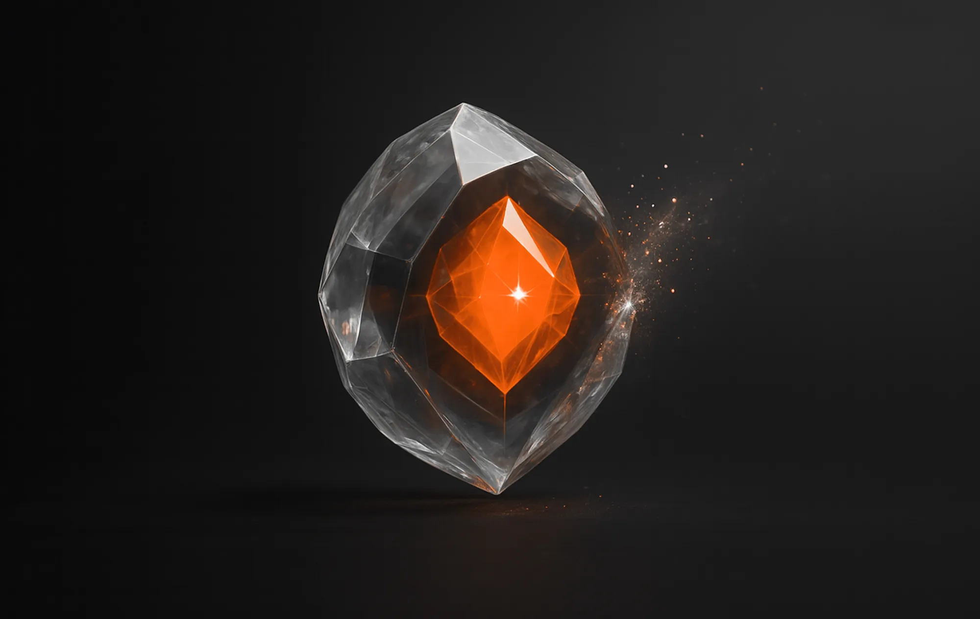 Transparent crystal with glowing orange core and sparks, illustrating clarity in our LinkedIn audience insight process.
