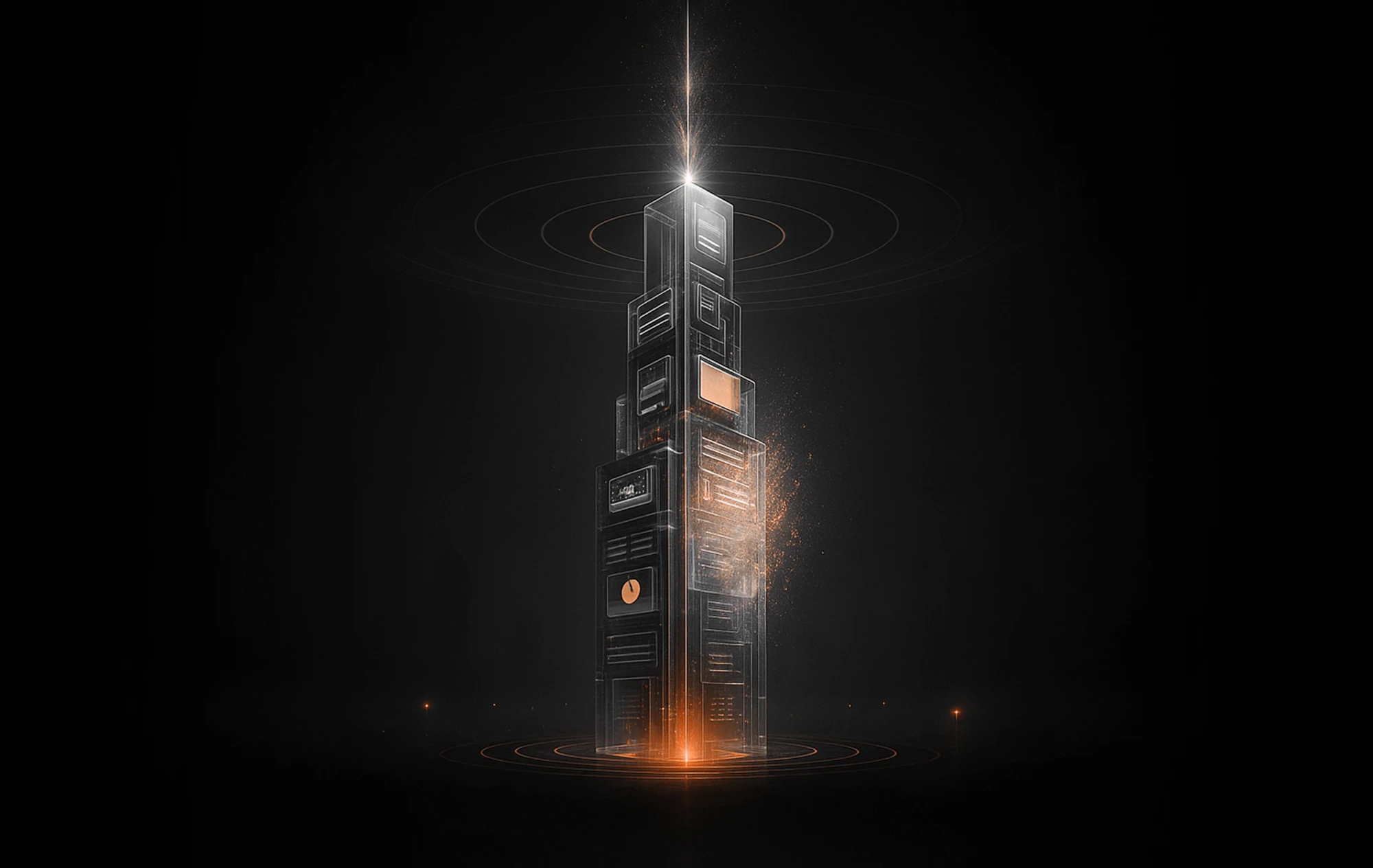Glowing tower rising with orange and white lights, illustrating LinkedIn brand awareness expansion for businesses.