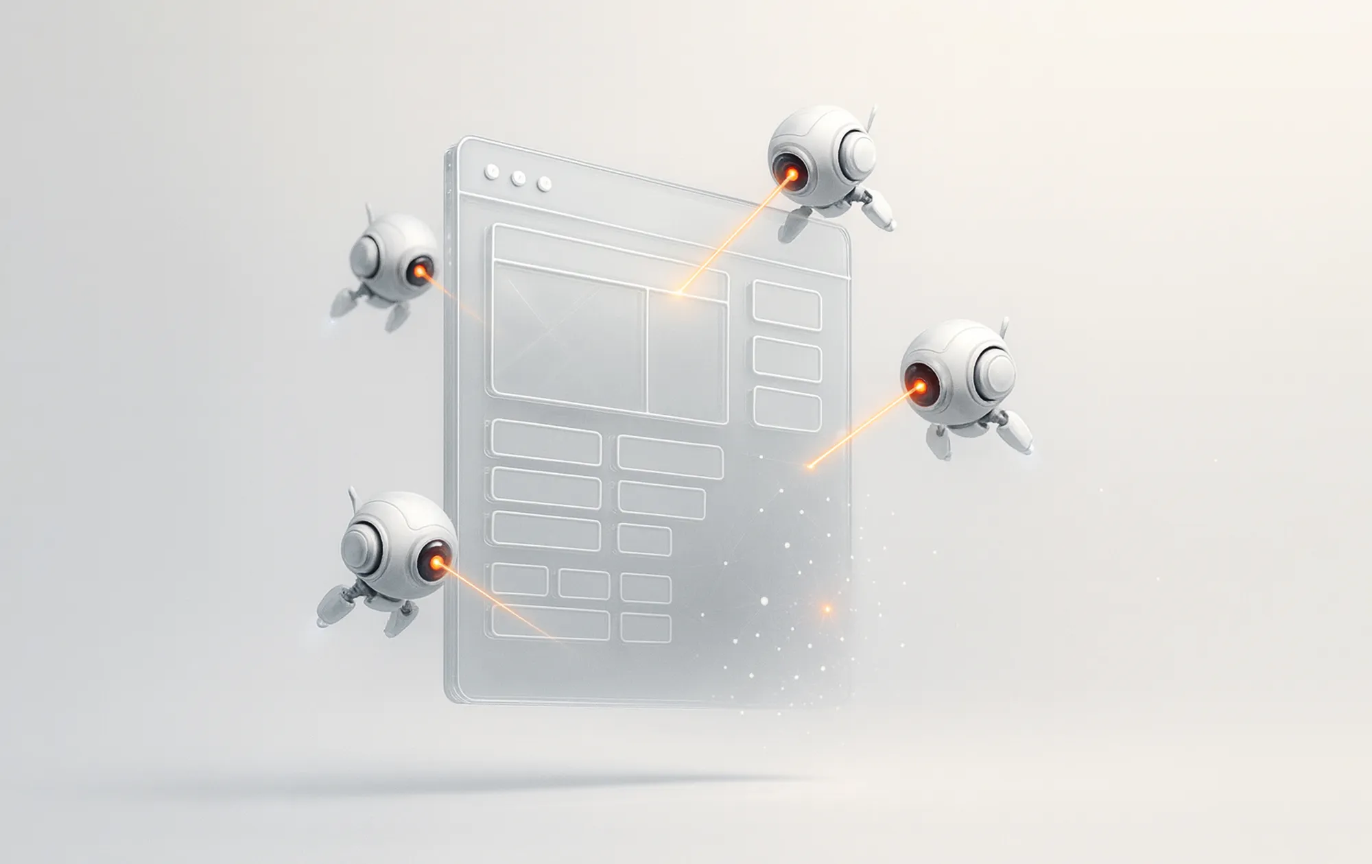 Small flying robots scan a transparent page with orange lasers in a white space, illustrating website content optimization.
