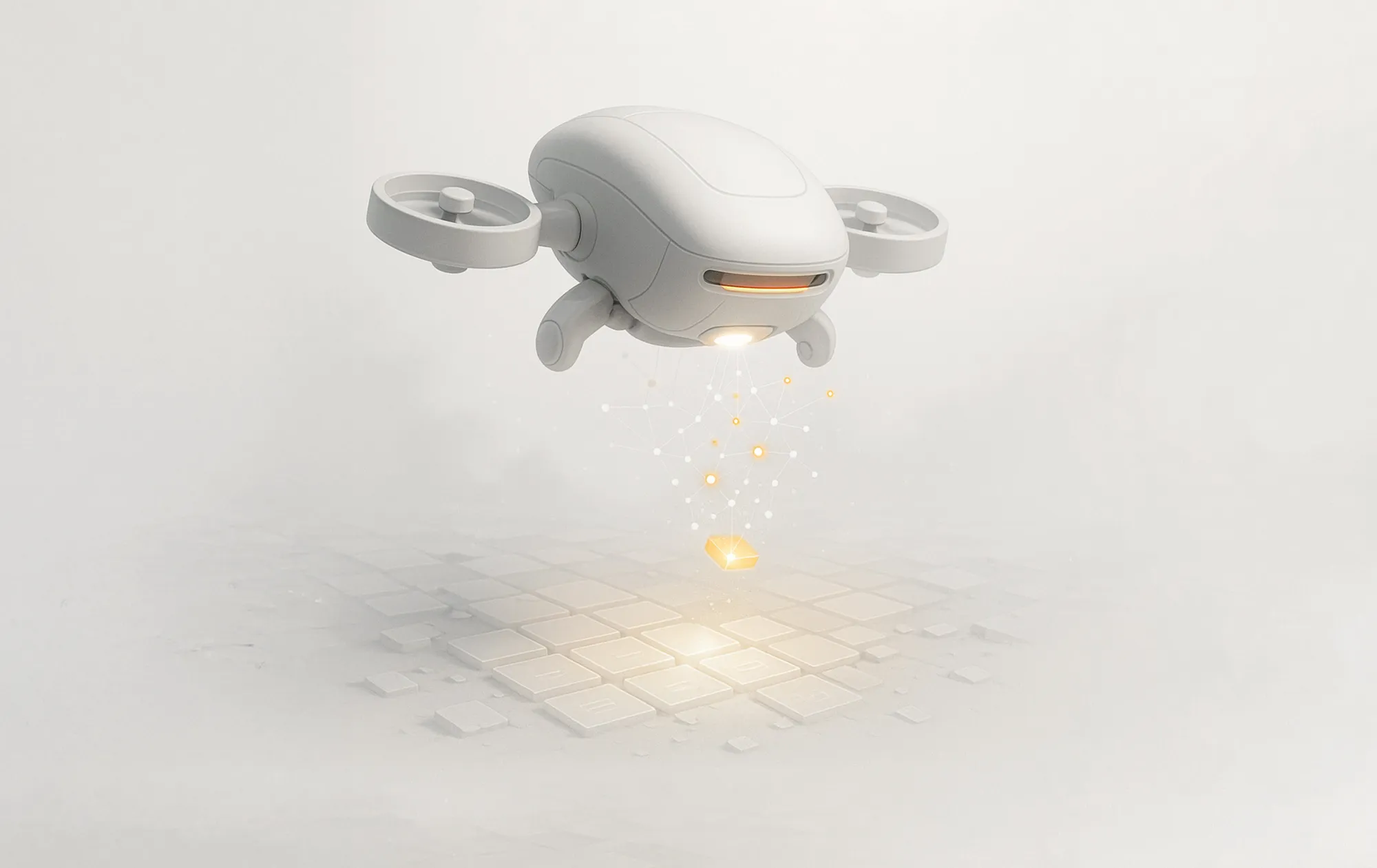 A small white drone hovers over a grid, releasing glowing particles, illustrating local SEO keyword research.