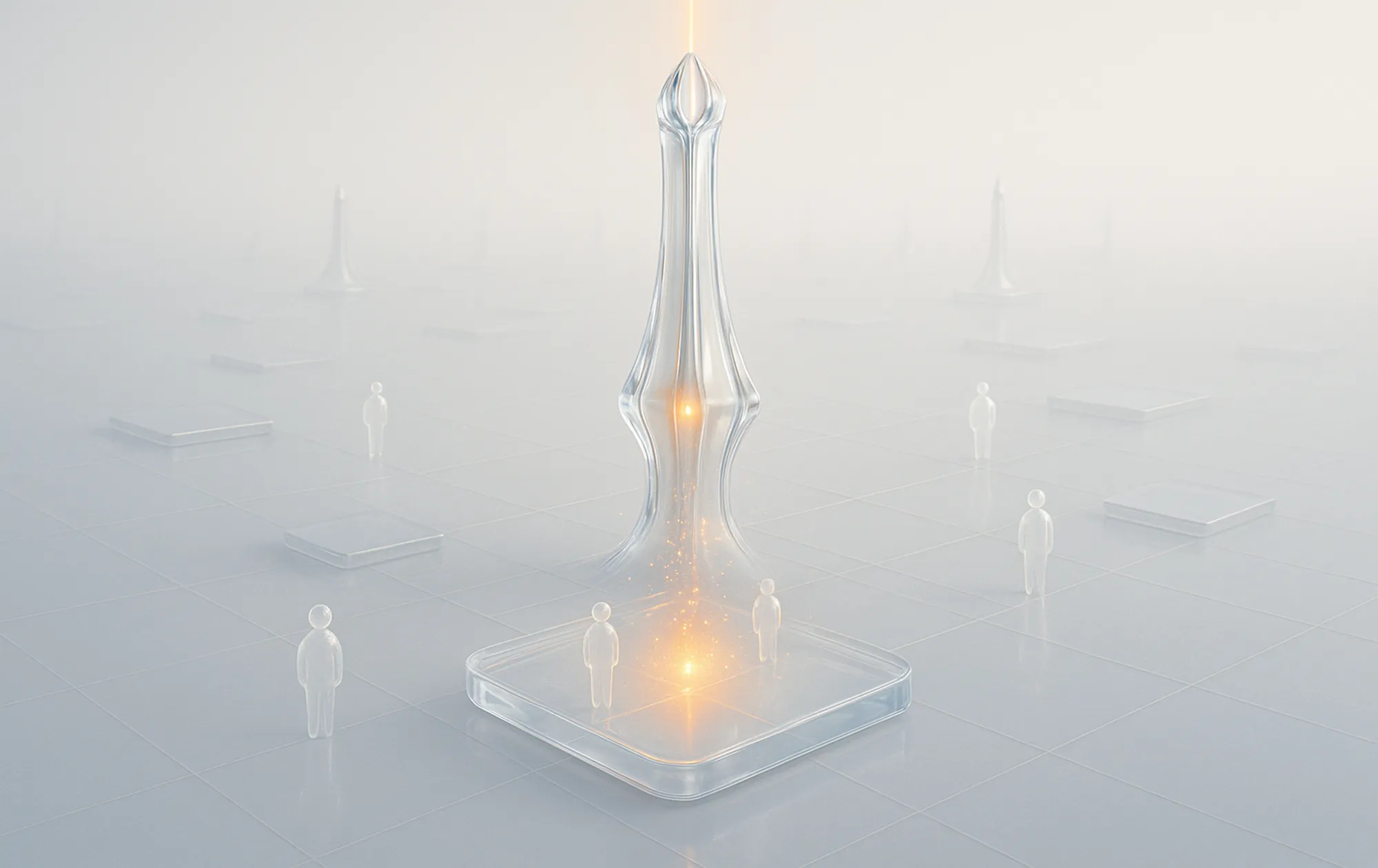 Translucent abstract shape glowing orange at center with people nearby on a grid, representing local lead generation success.