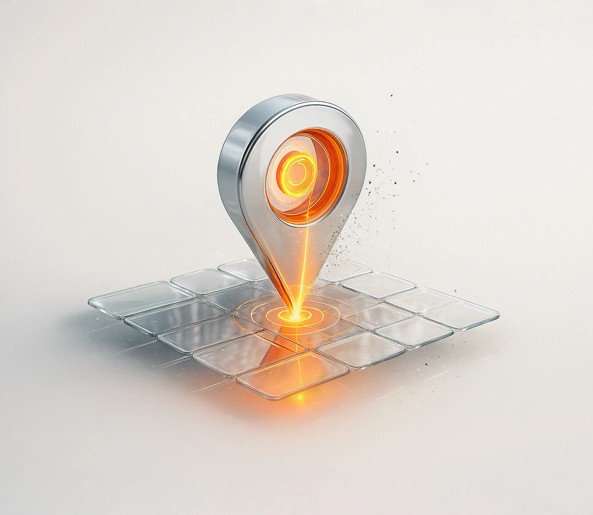 Metallic map pin with an orange glow on glass tiles, evoking precision and presence for local SEO services.