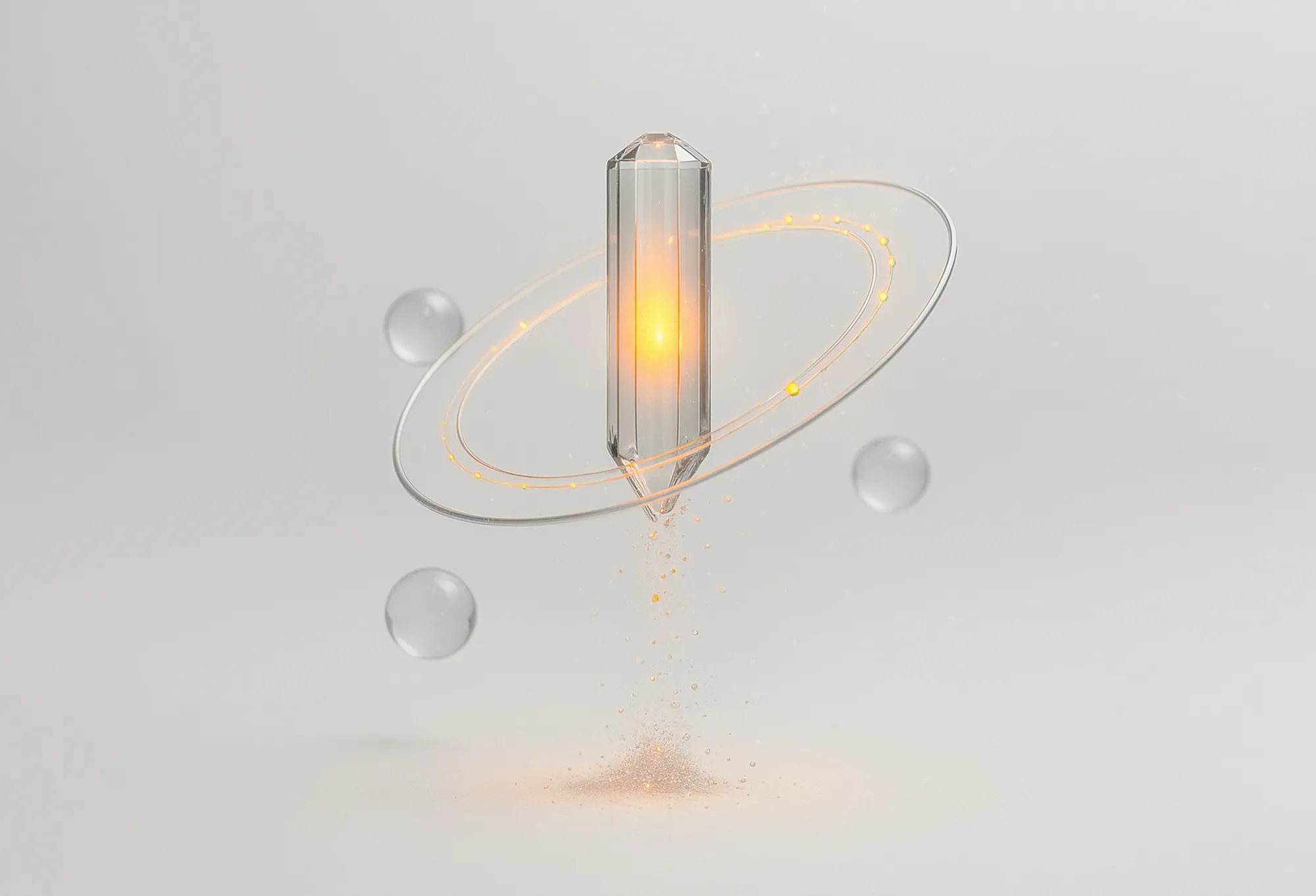 A transparent crystal with orange rings and spheres, illustrating clarity and precision in local SEO strategies.