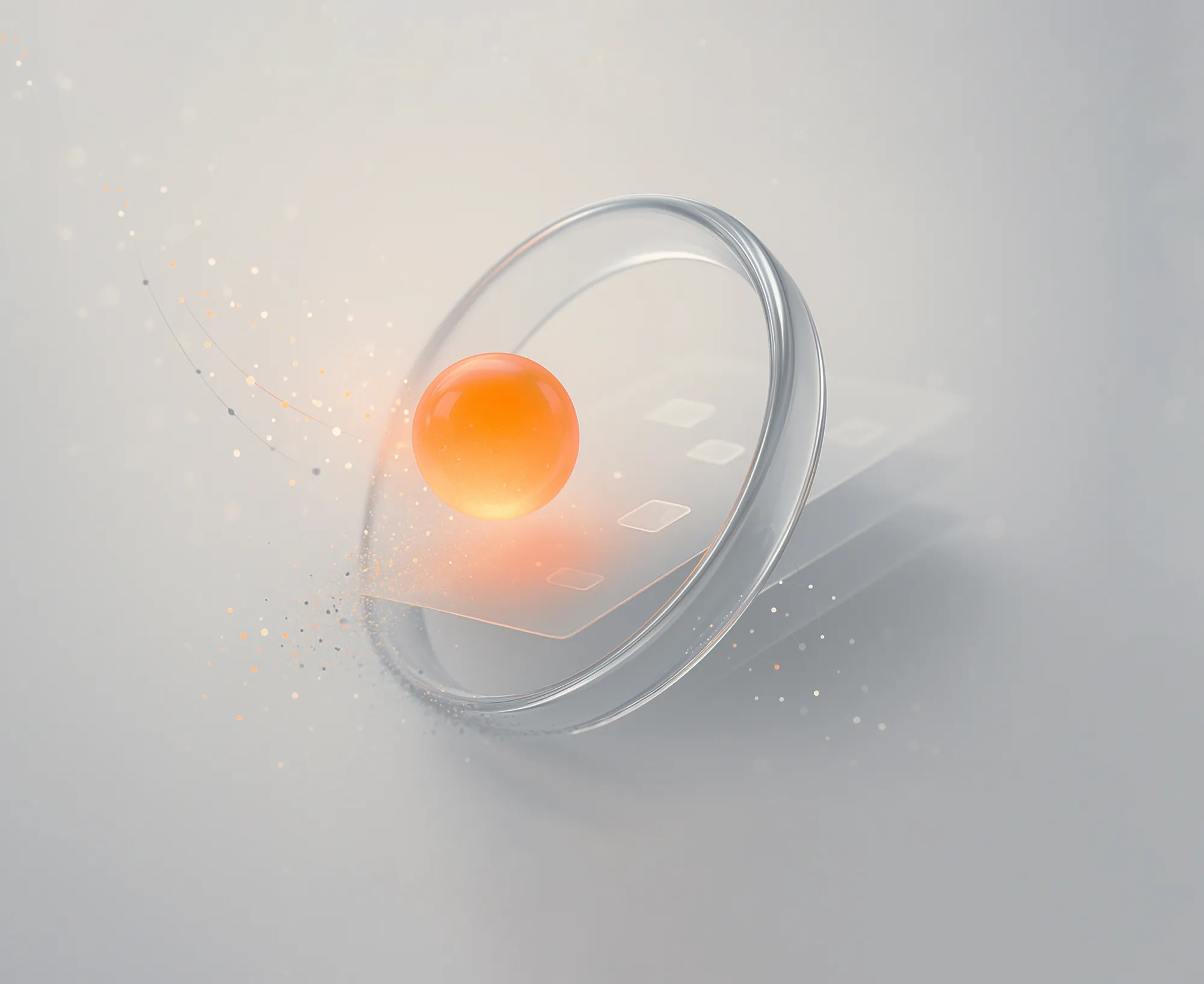Abstract orange sphere within a glass ring, symbolizing precision and clarity in search engine marketing strategy.
