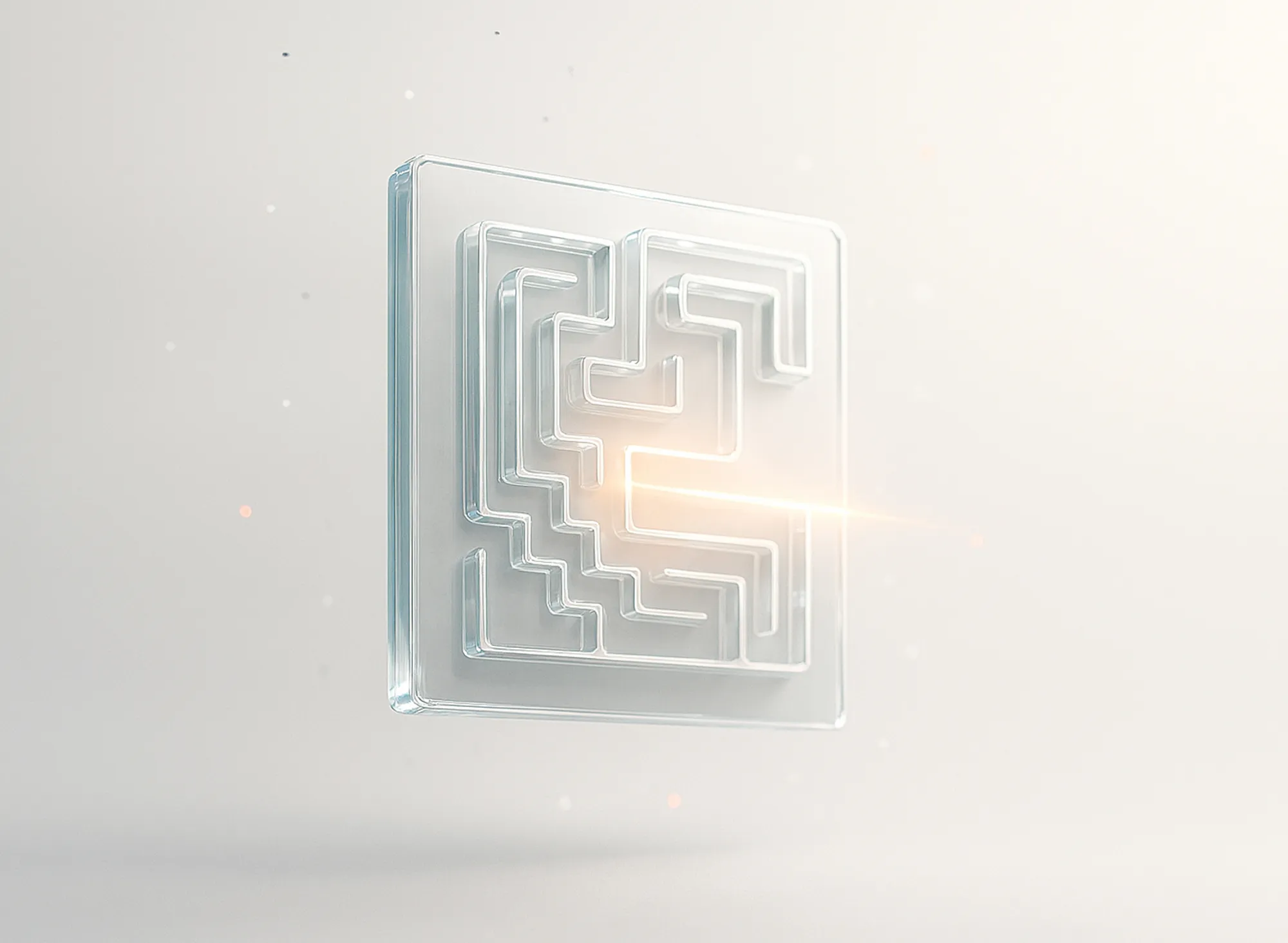 A transparent glass square maze floats on a light background, illustrating better SEO site crawling.