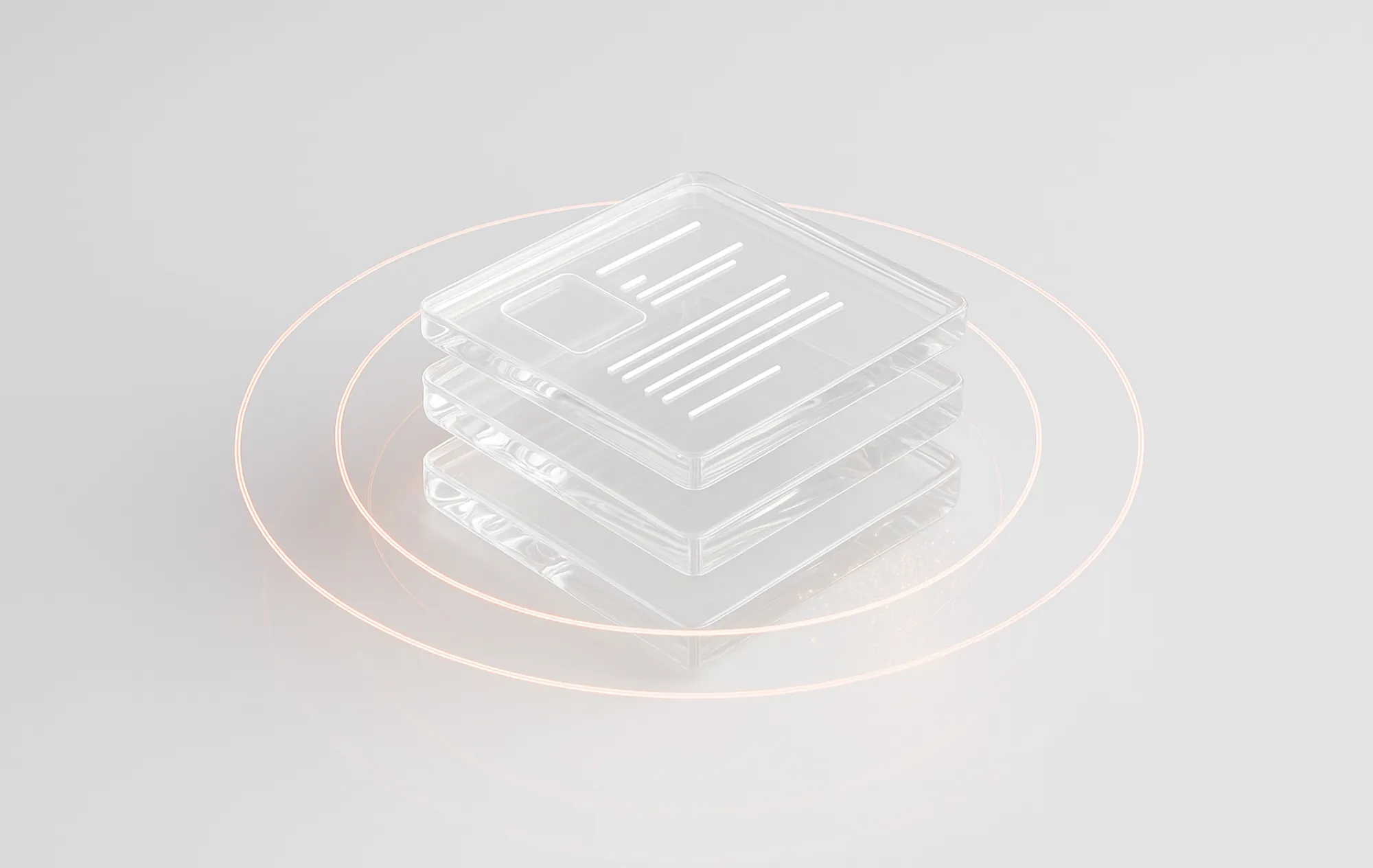 Three stacked transparent tiles with embossed lines and glowing rings, representing coherent marketing channels strategy.