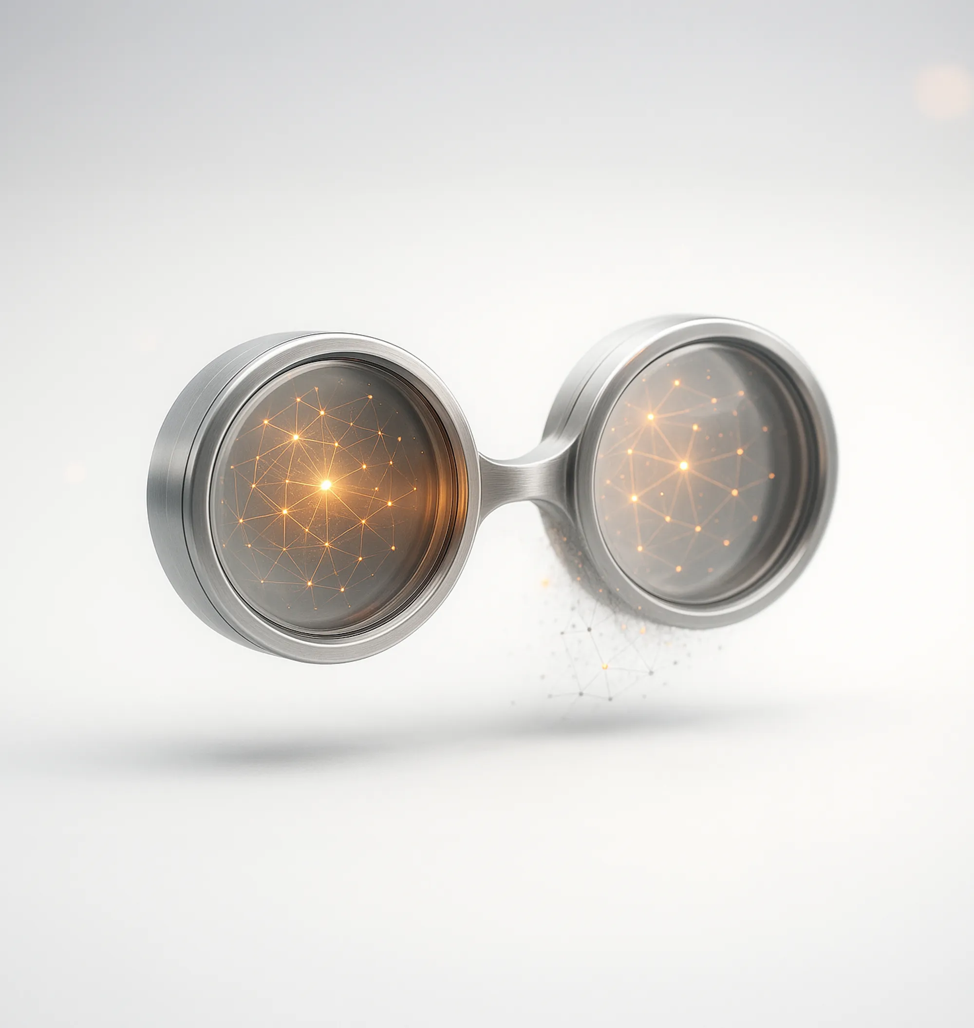 Silver glasses with glowing network nodes in each lens, symbolizing digital marketing consulting and data-driven insights.