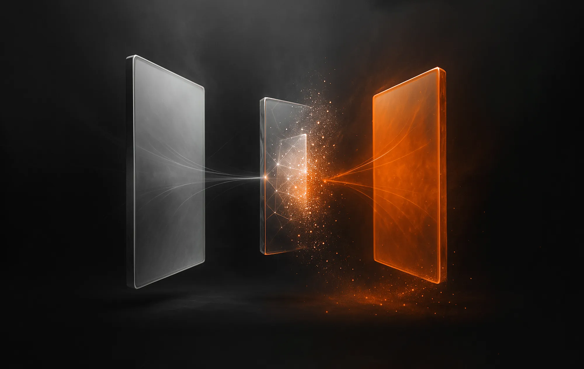 Two silver and one orange panel connected by sparks, representing Facebook Ad Creative Development for A/B Testing.