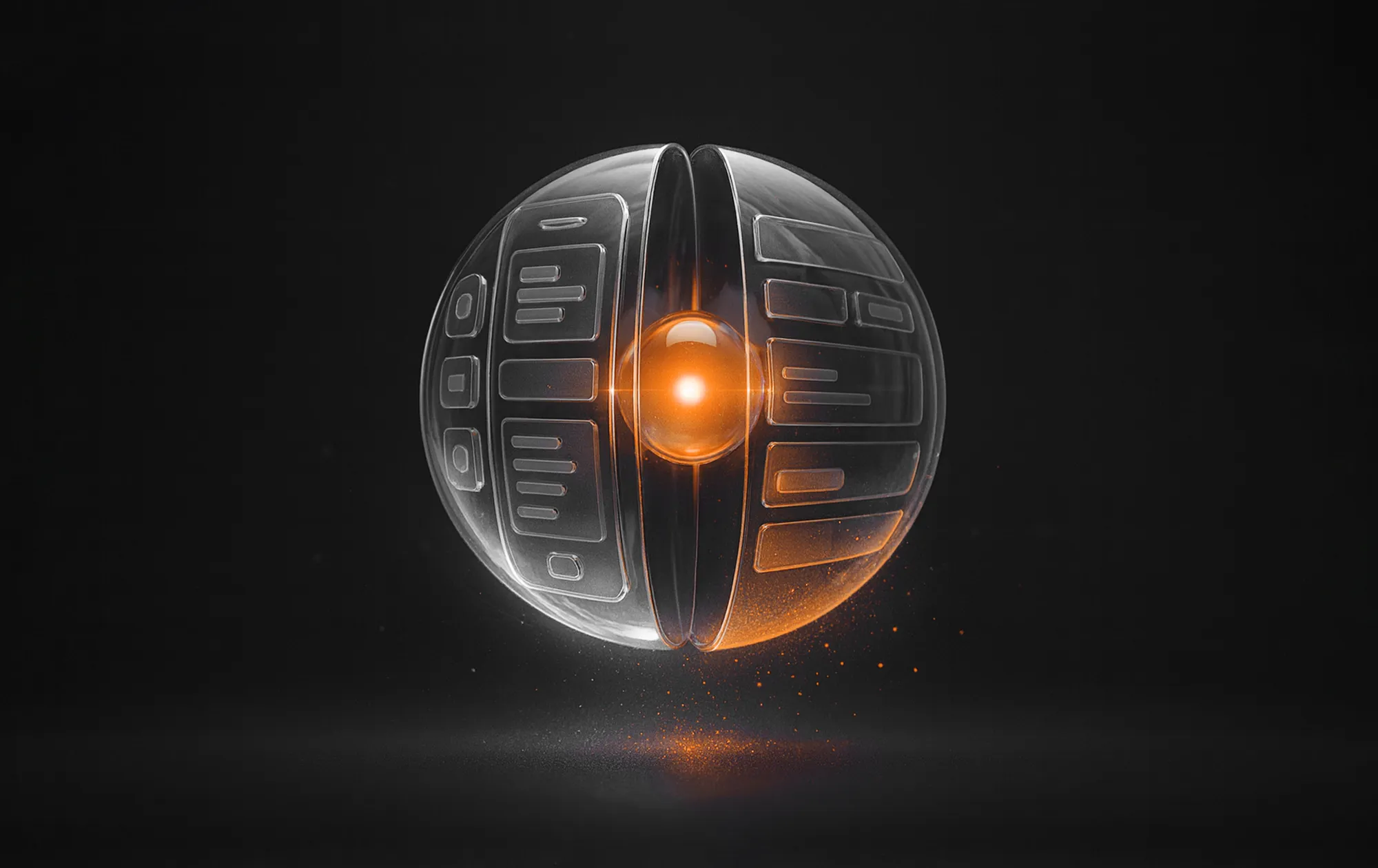 Translucent sphere with digital UI elements and glowing orange core, evoking user experience (ux) optimization.