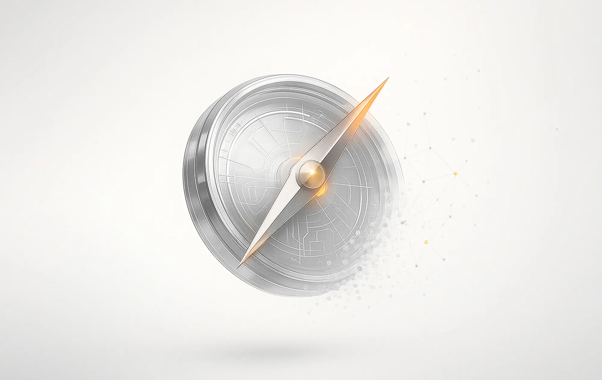 Silver-gold compass with glowing center and digital lines, representing expert monthly search engine optimization guidance.