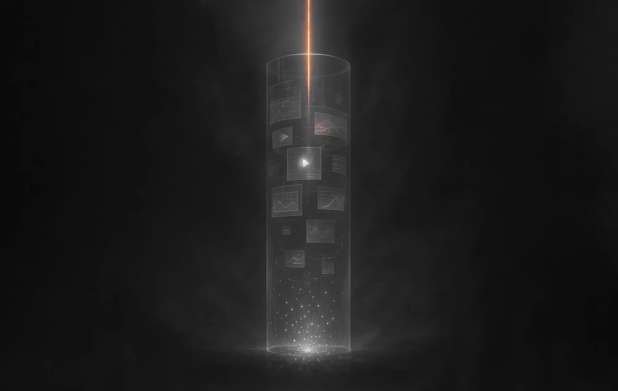 A vertical transparent cylinder with digital screens and orange light illustrates multimedia optimization for SEO purposes.