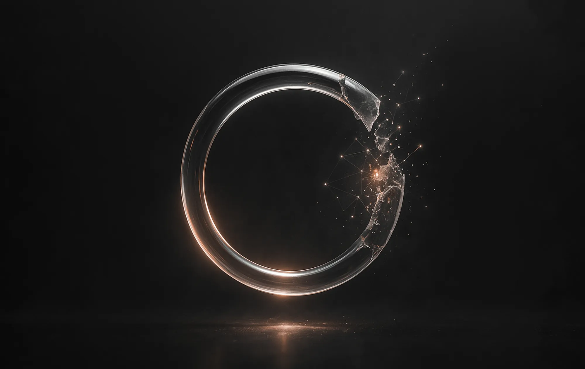 Glowing glass ring with repaired fragments, symbolizing how backlink audit in SEO fixes what is broken.