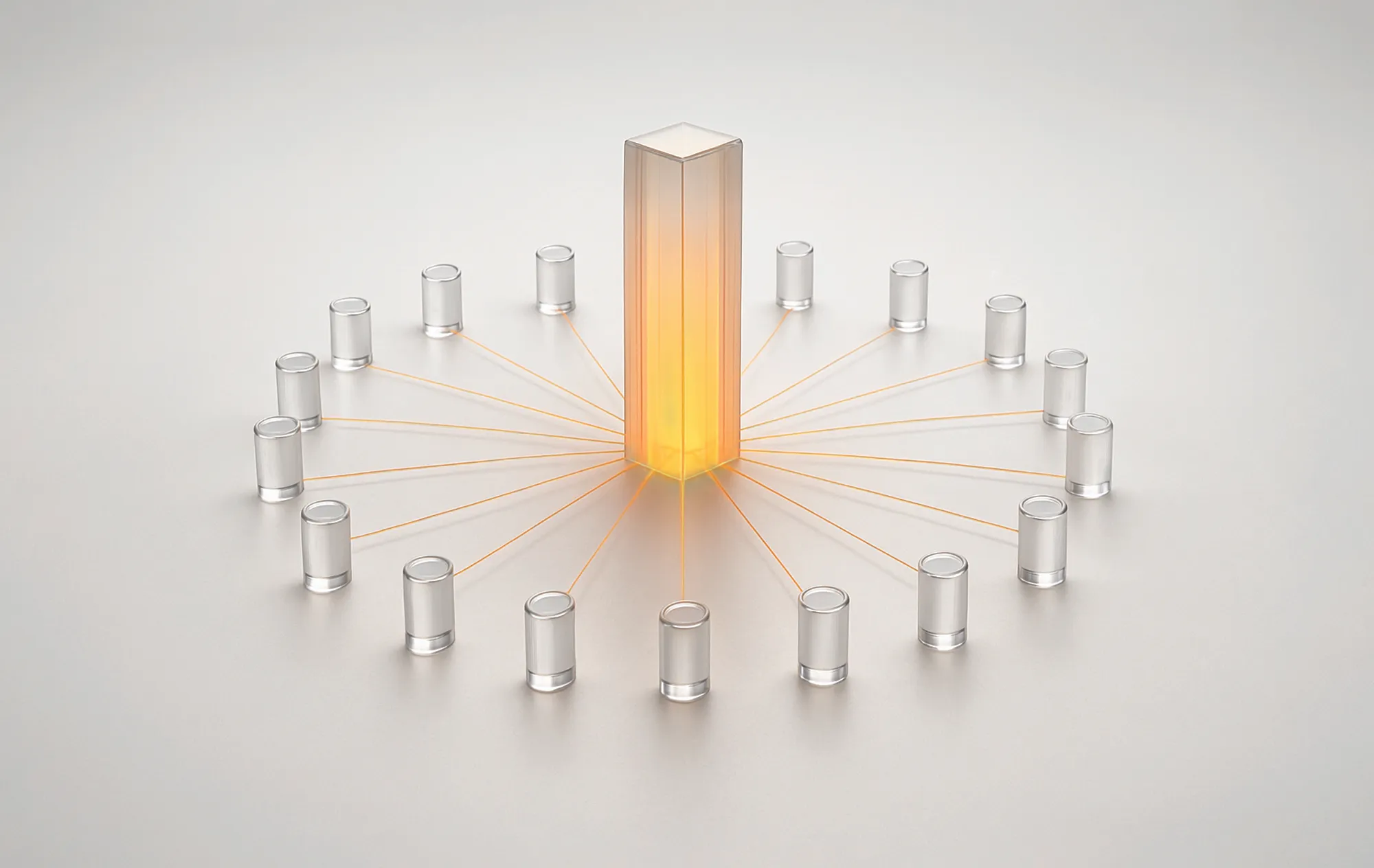 Tall glass column linked by orange lines to smaller cylinders, representing off-page SEO backlink optimization.