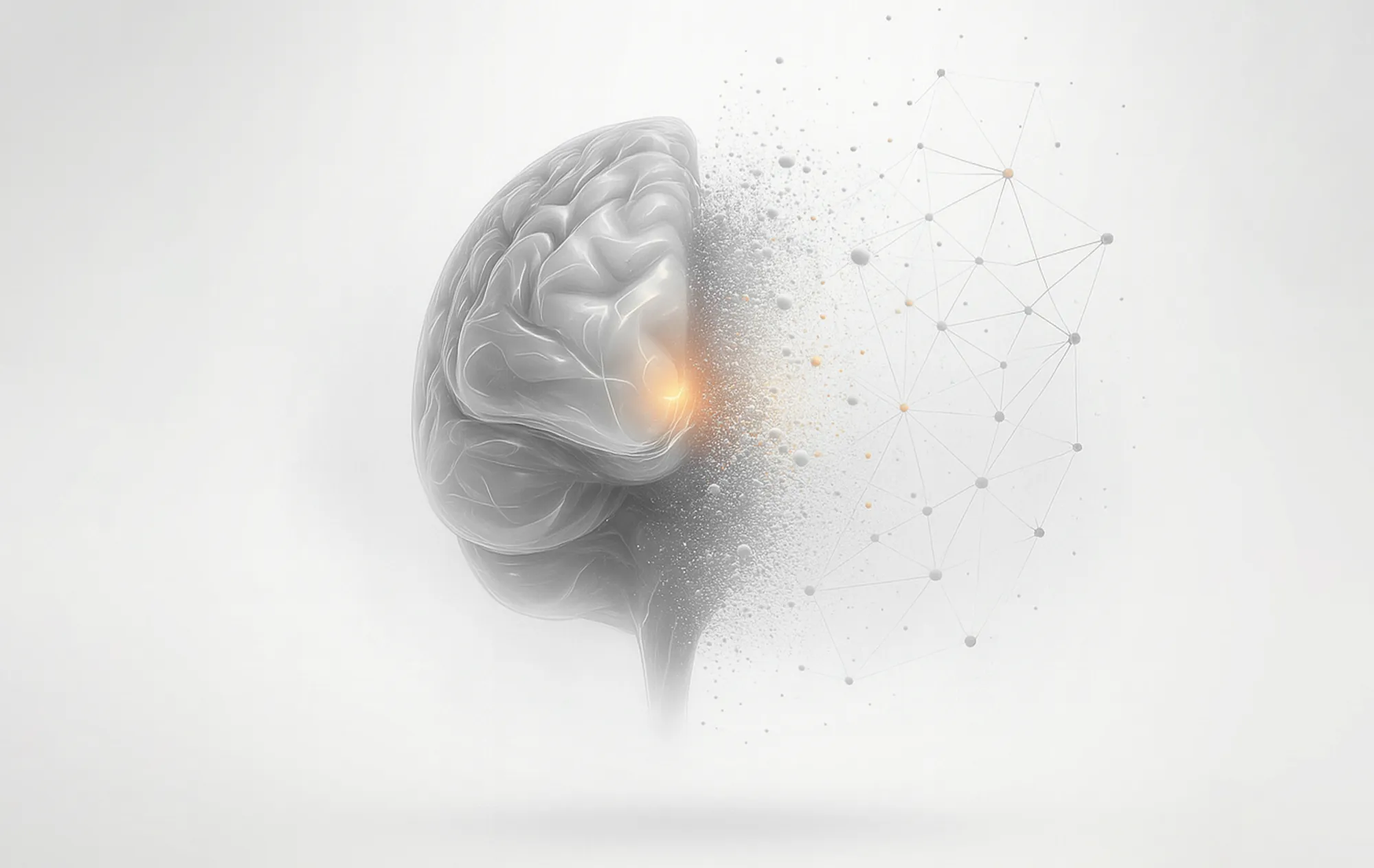 A human brain dissolving into nodes, representing strategic thinking in seo topic research and on-page optimization.