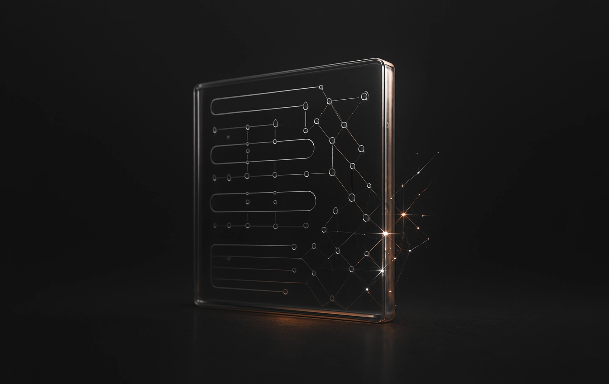 A sleek translucent microchip with glowing circuits on a dark background, representing on-page SEO audit.