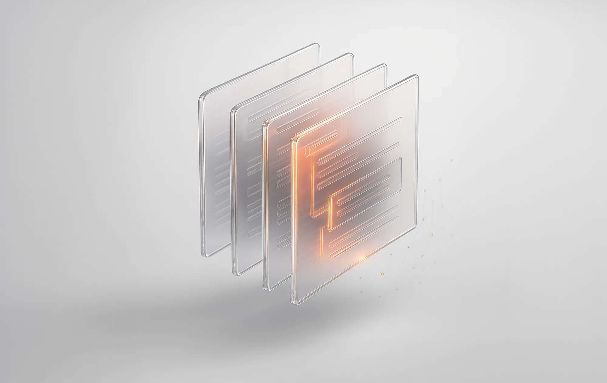 Floating translucent digital panels, with one glowing in orange, represent focused on-page SEO guidance.