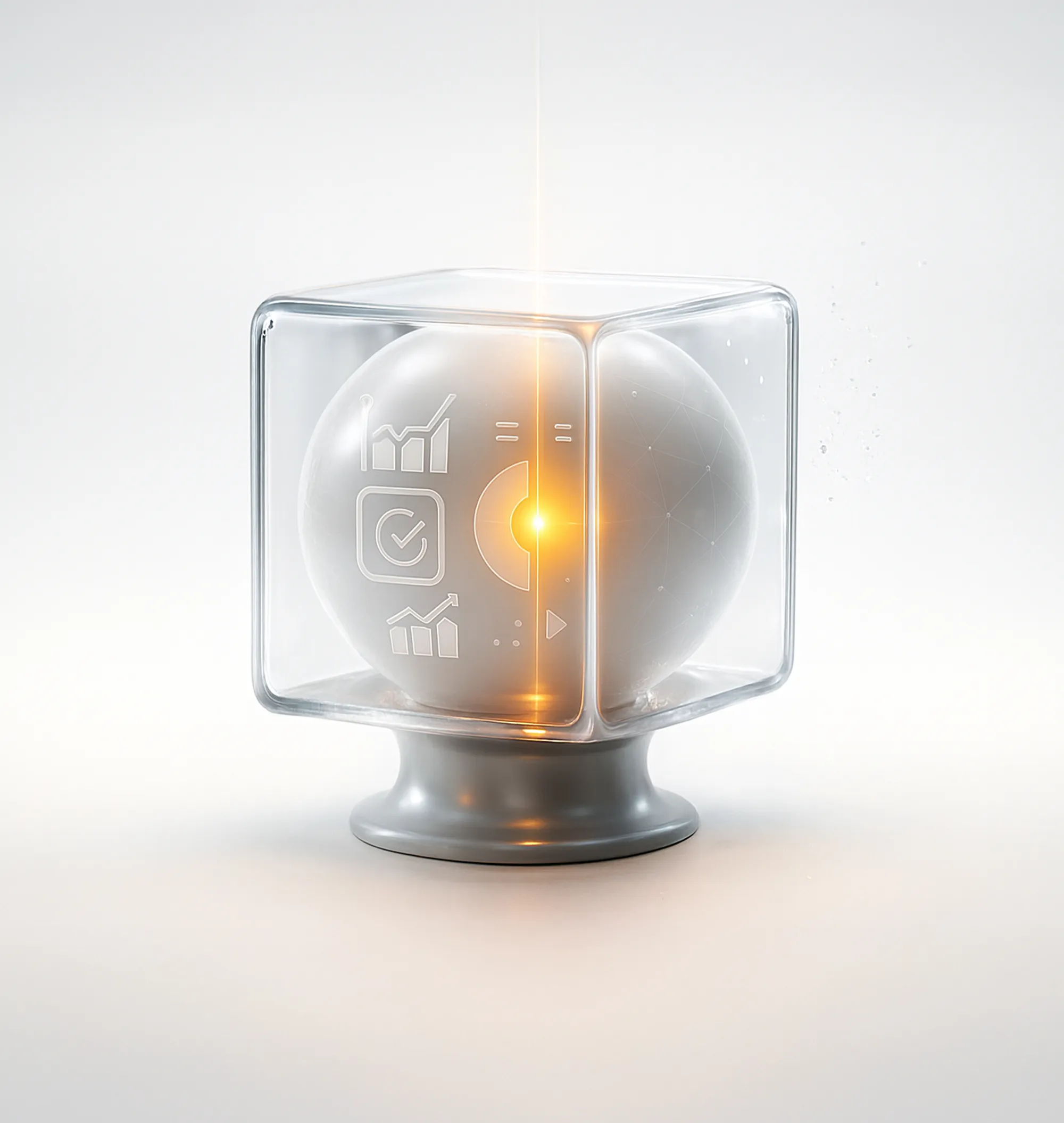 Transparent glass cube encasing a glowing sphere, with checklist, graph, and play icons illustrating an online marketing audit.