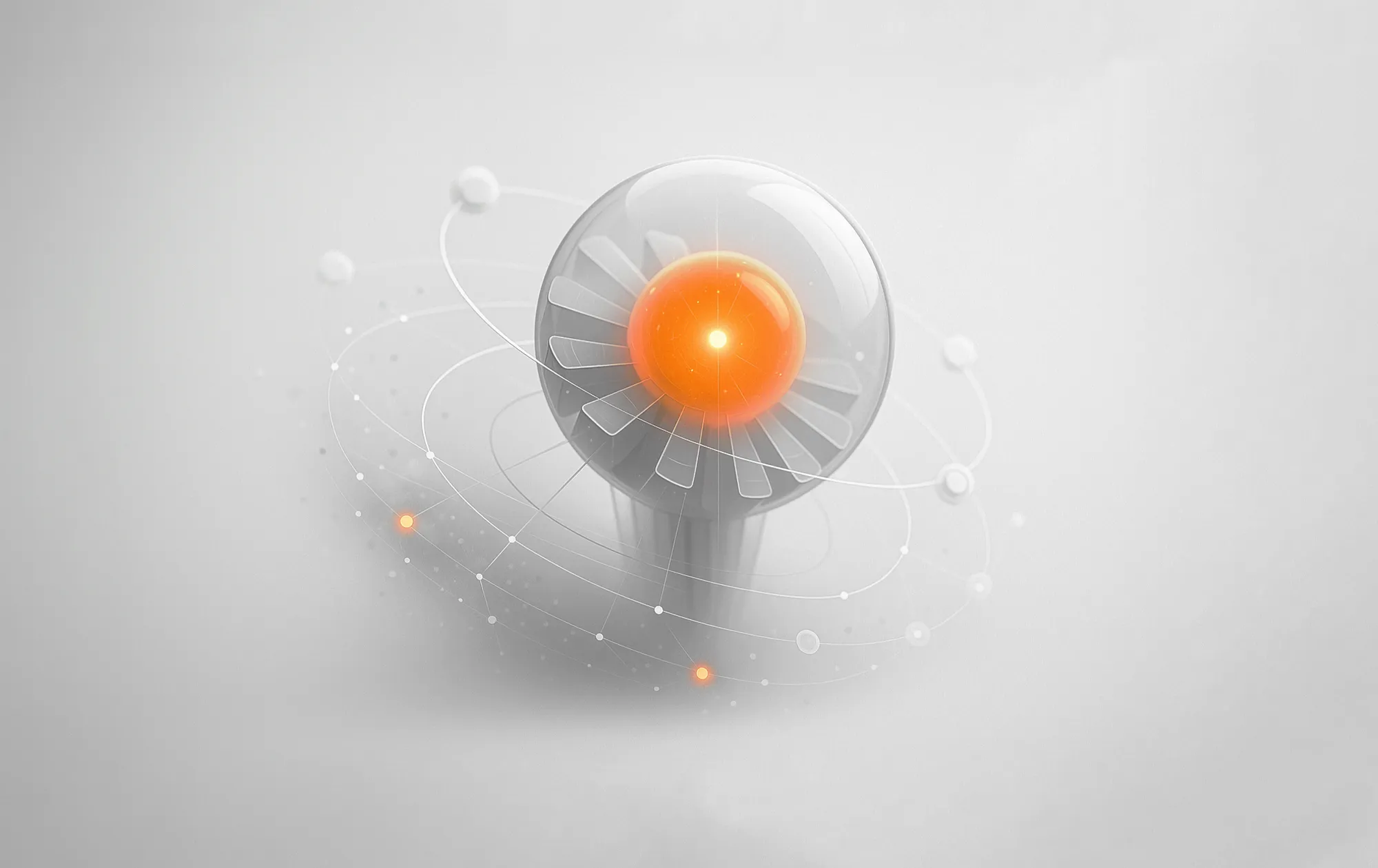A glass sphere with an orange center, circular lines, and orbs illustrates advanced campaign performance tracking in GA4.