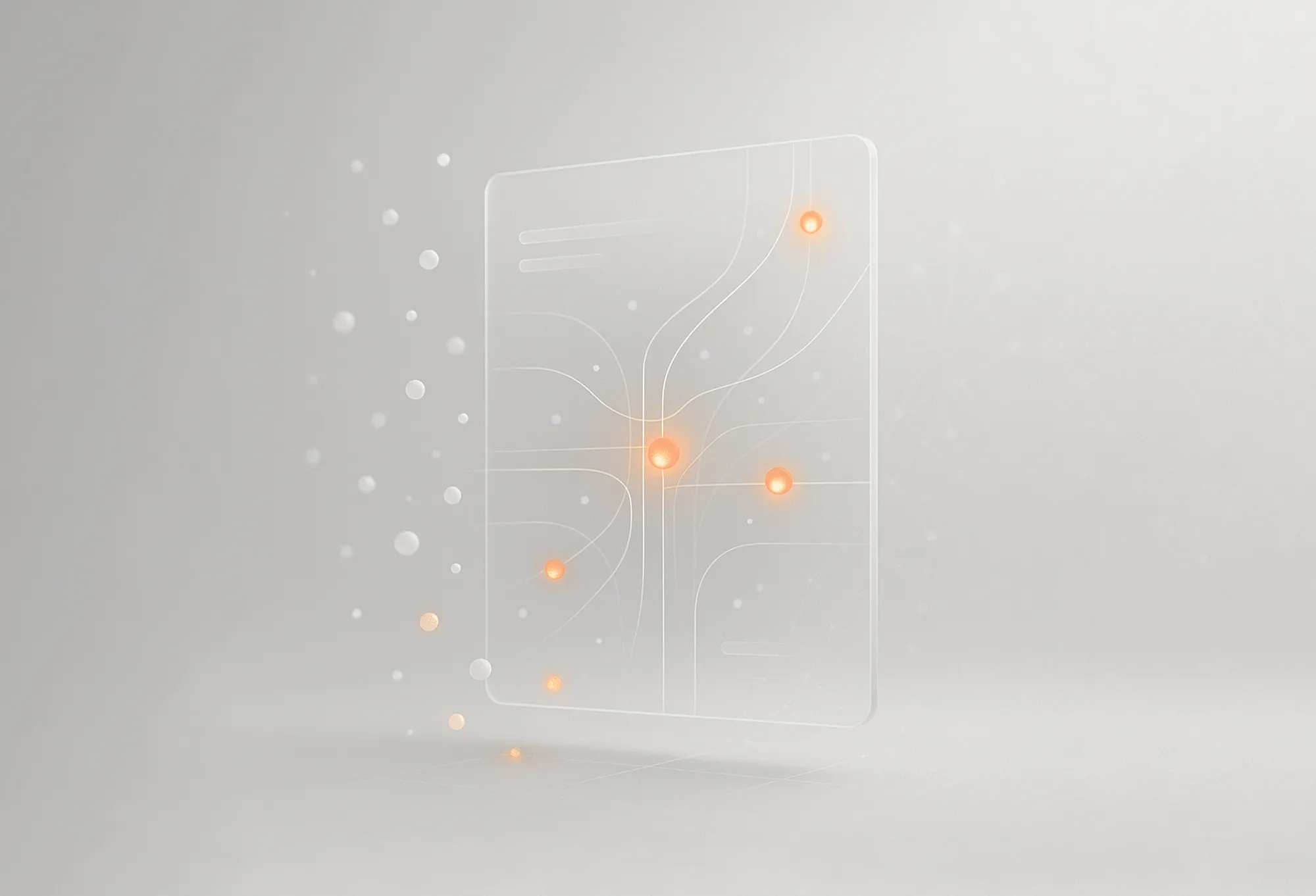 A translucent tile with circuit lines, glowing orange nodes, representing measurable performance marketing.