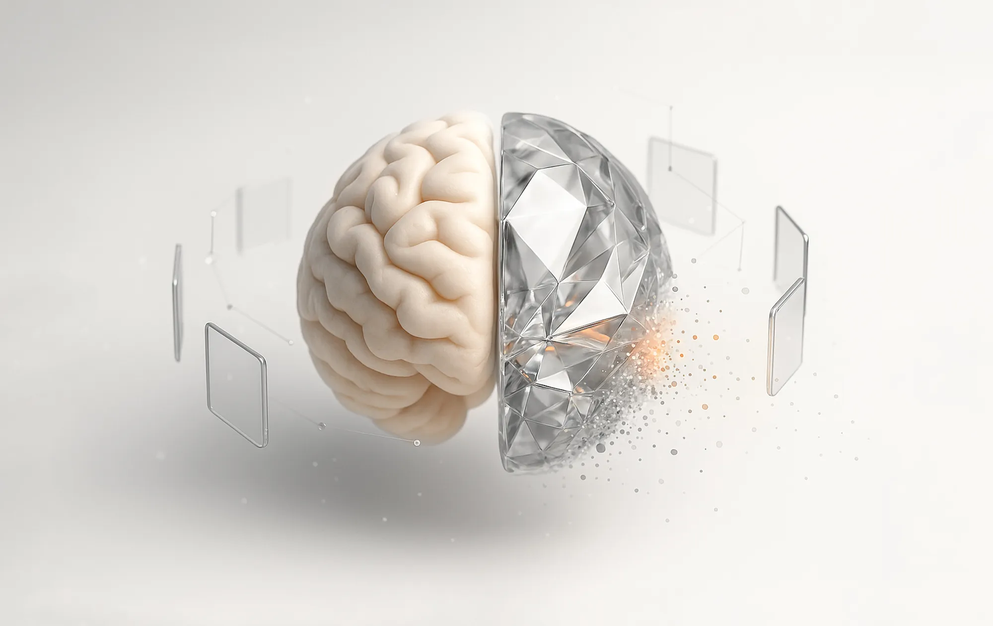 Half-organic, half-crystal brain with floating rectangles, representing advanced analytics to refine ads strategy.