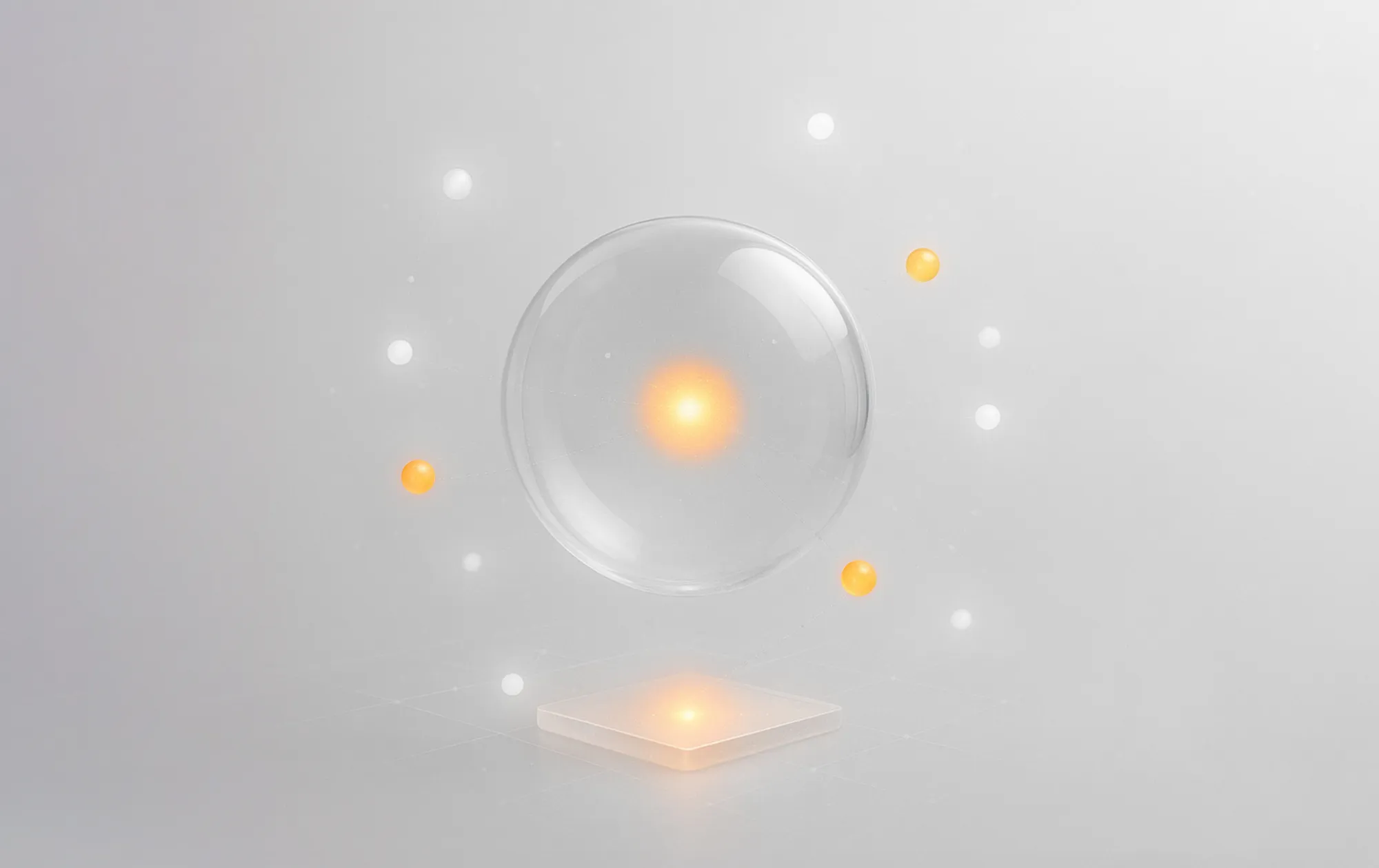 A transparent sphere with a glowing orange center, surrounded by small spheres, illustrates reputation and review management.