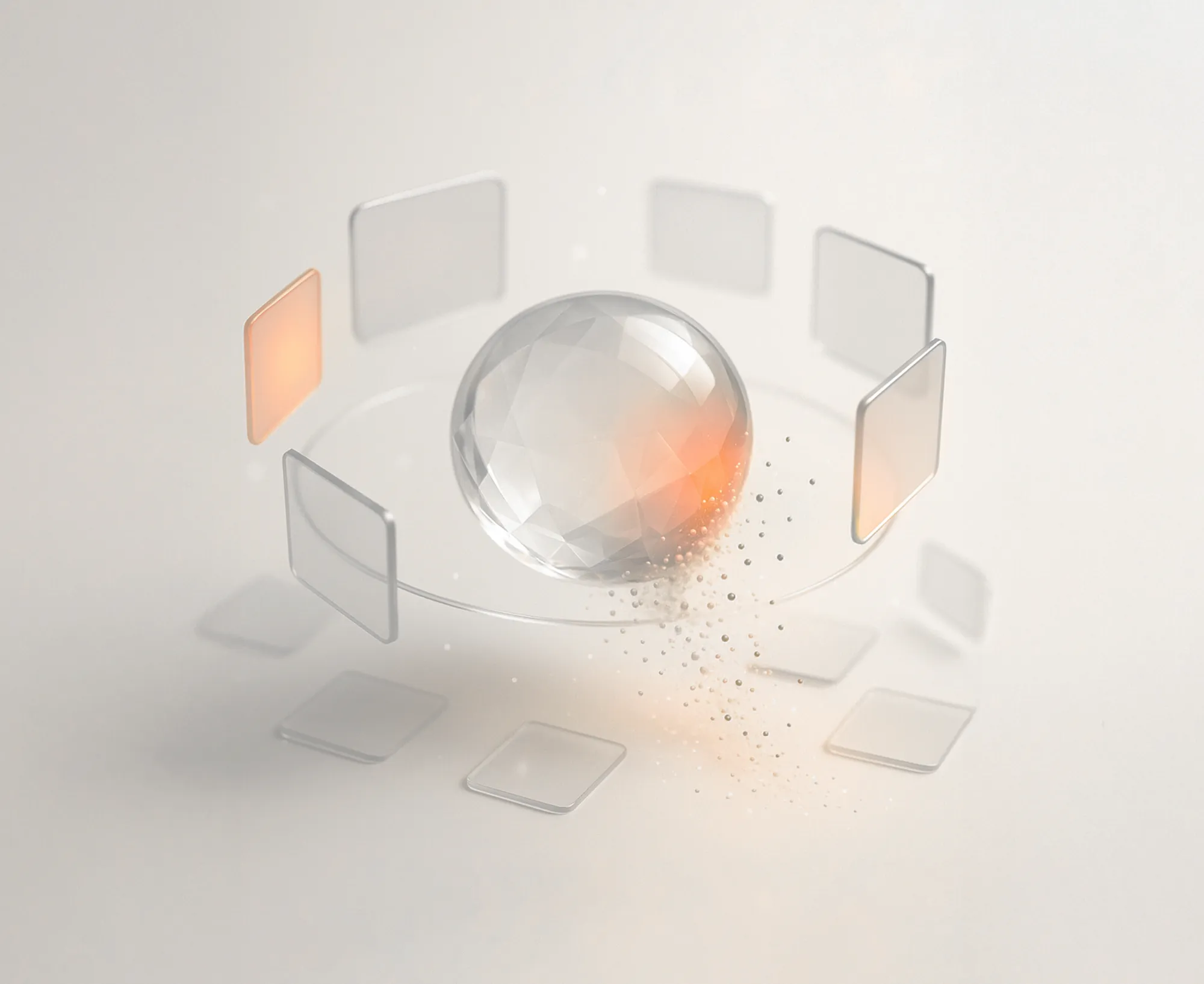 Transparent sphere with floating rectangles, representing retargeting website visitors with Google search ads.