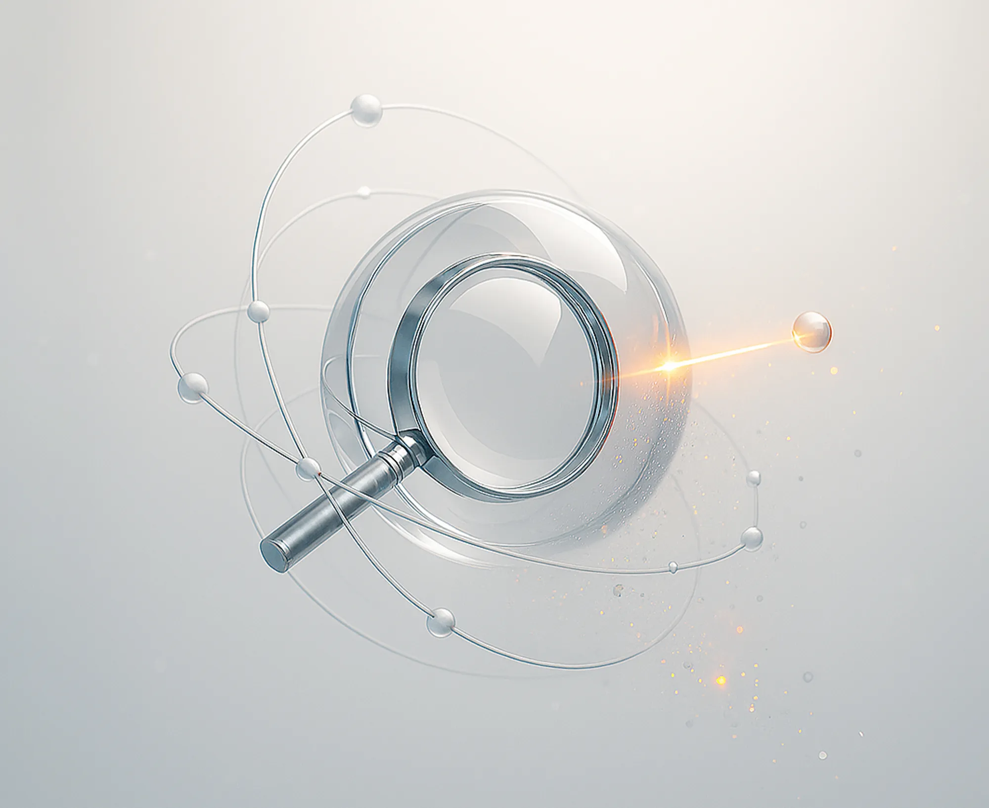 Magnifying glass with orbiting spheres and glowing particle, symbolizing Frem Digital’s Search Engine Marketing Solutions.