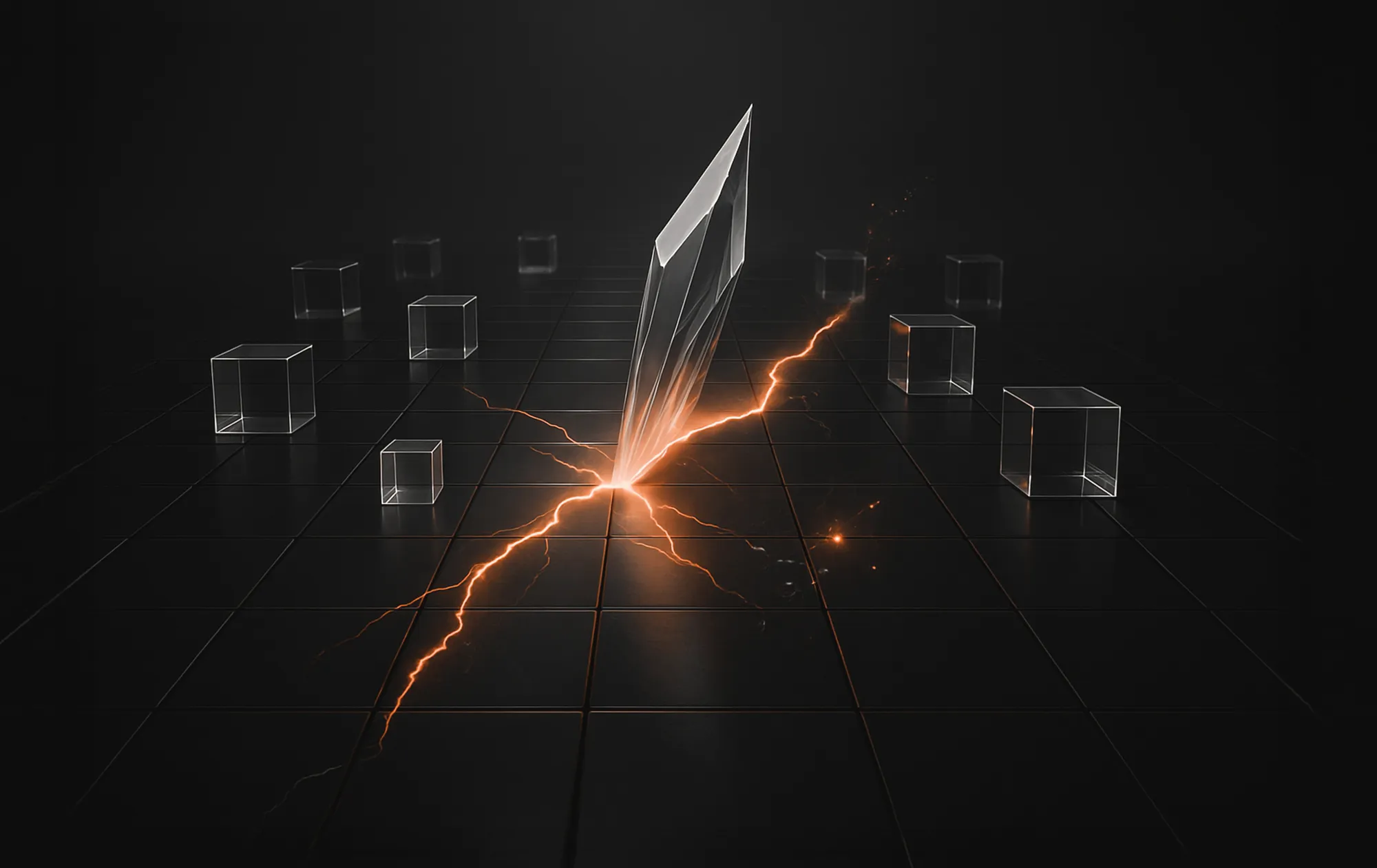 A sharp crystal shard descenses to a glowing floor with transparent cubes, illustrating competitor and content gap analysis.