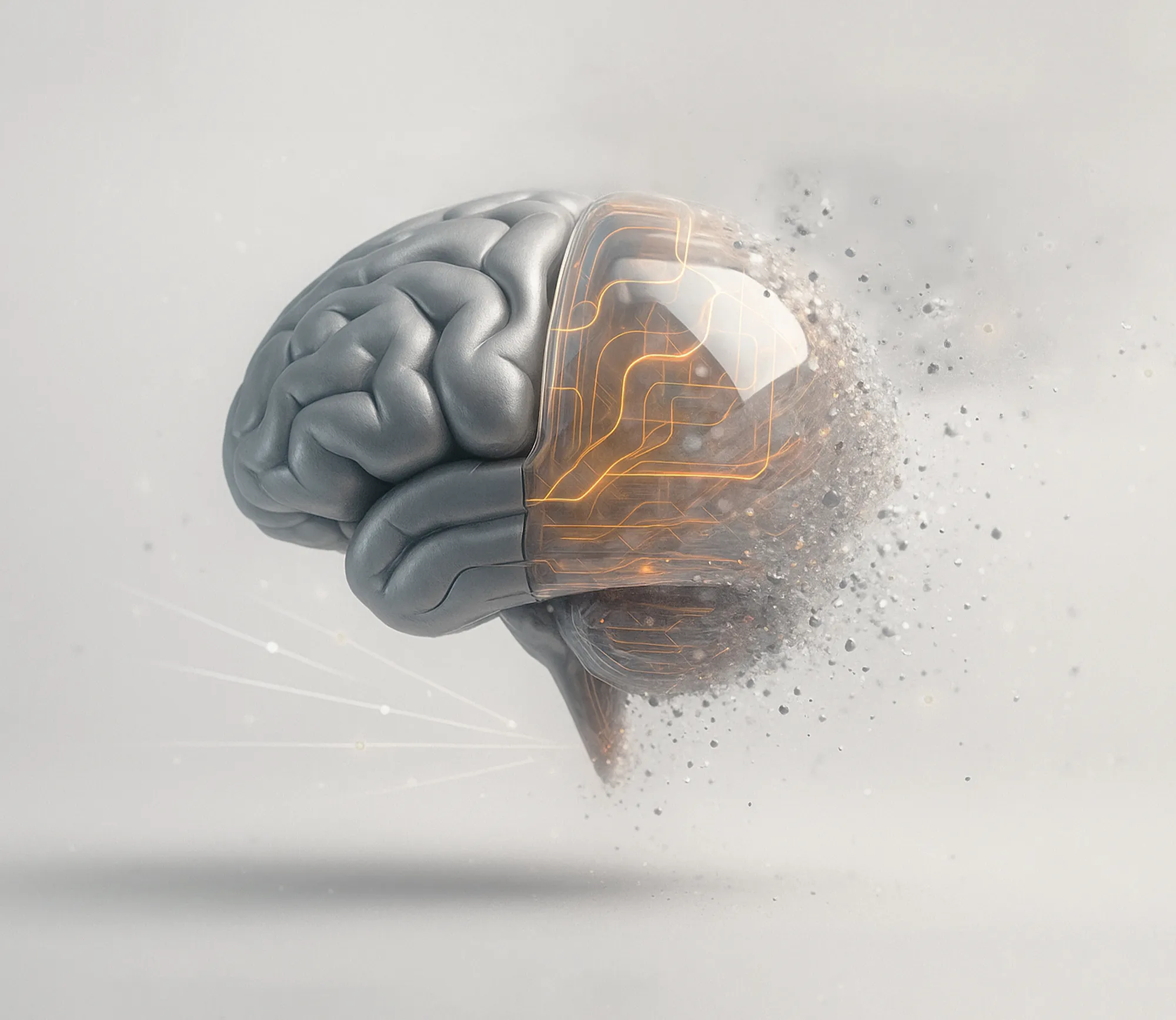 Half-digital, half-organic brain with glowing lines and circuits, illustrating advanced SEO consulting services.