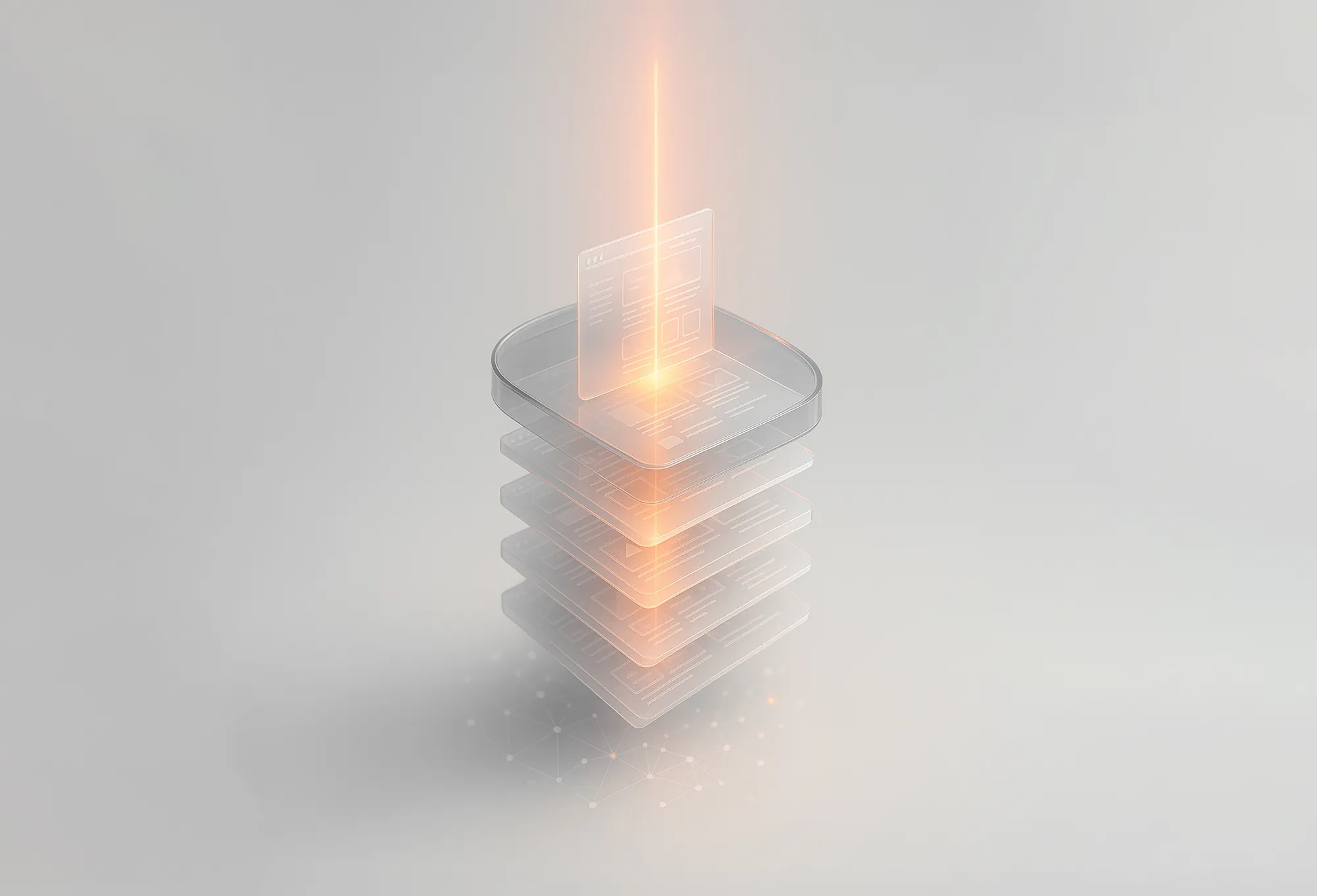 Floating translucent sheets and a glowing orange beam emphasizes a document, illustrating SEO strategies for more traffic.