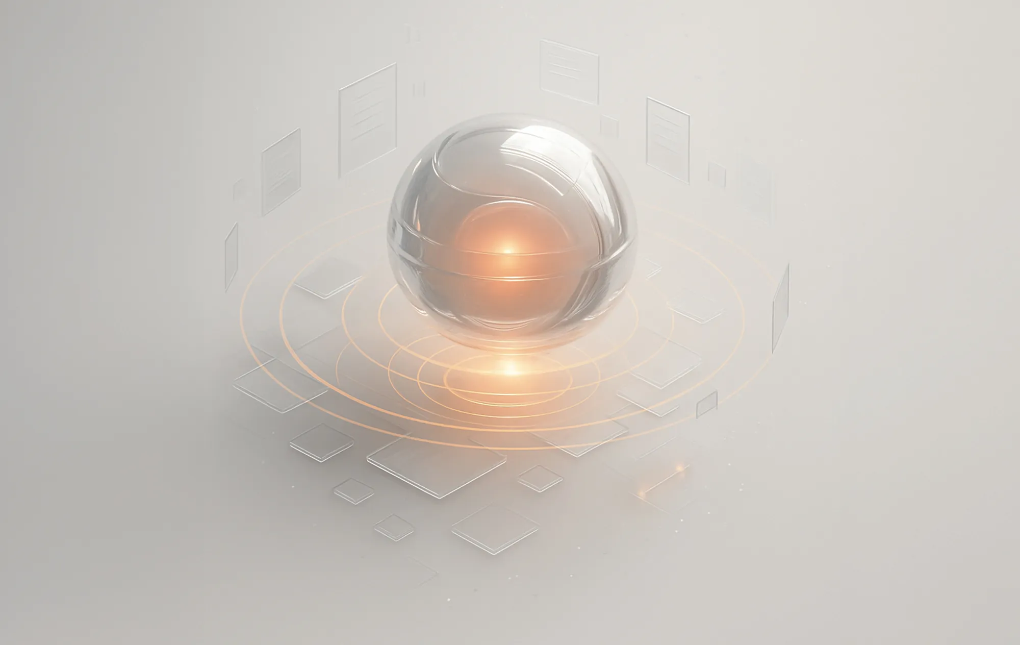 A transparent sphere with an orange glow, rings, and floating shapes represents SEO strategy recommendations.