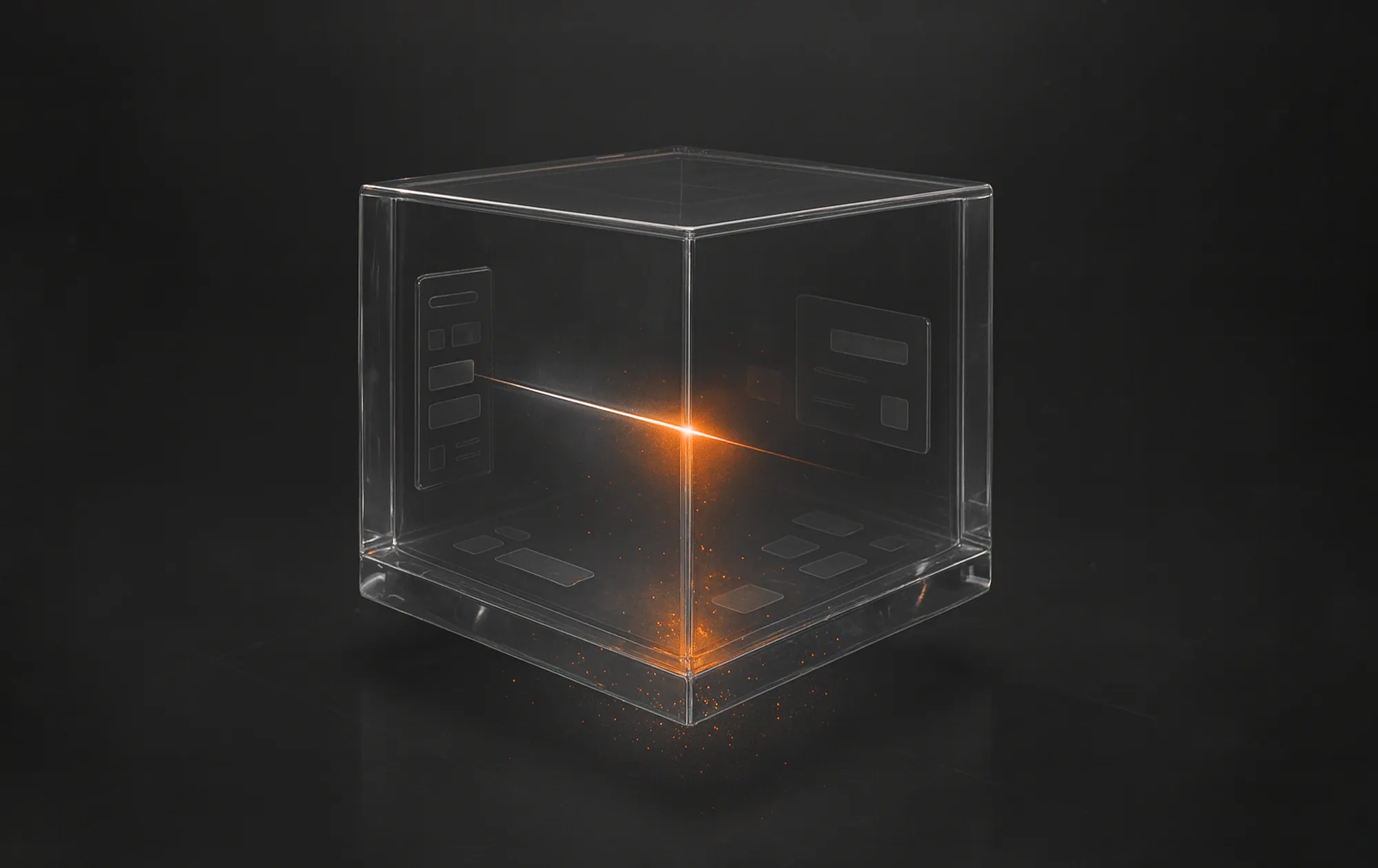 A transparent glass cube glows orange at the center, representing website session recording and analytics in CRO processes.