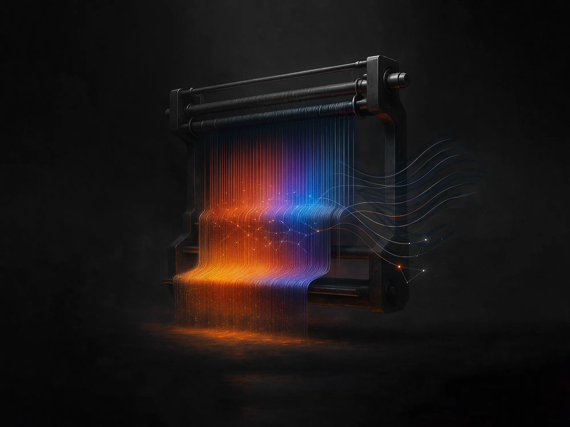 A dark loom weaves orange and blue glowing threads, representing the flow of social media marketing content creation.