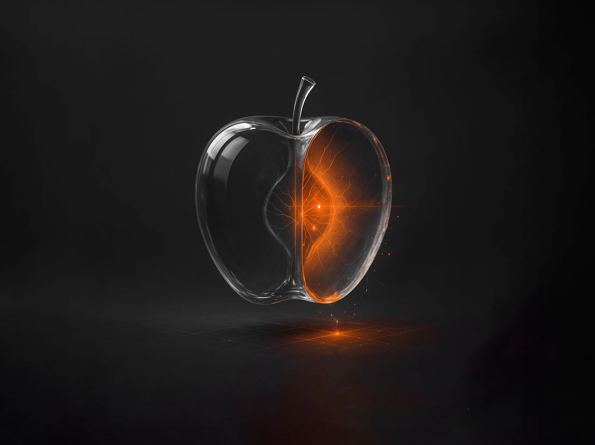 Transparent glass apple with glowing orange core, symbolizing social media audit insights and marketing strategy.