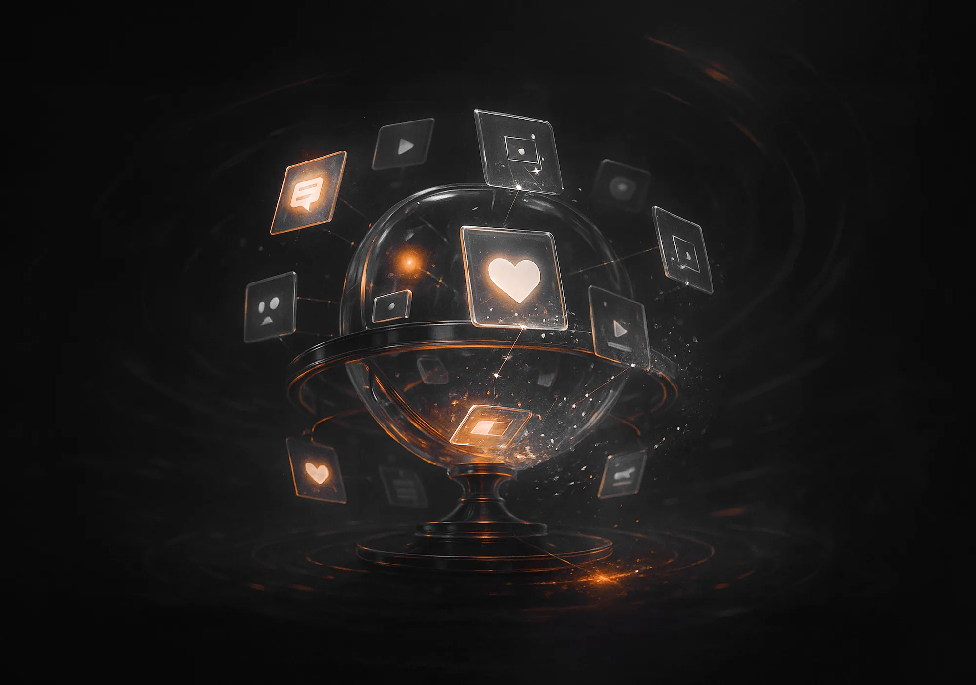 Glowing glass sphere with floating icons, used to represent social media content creation and scheduling.